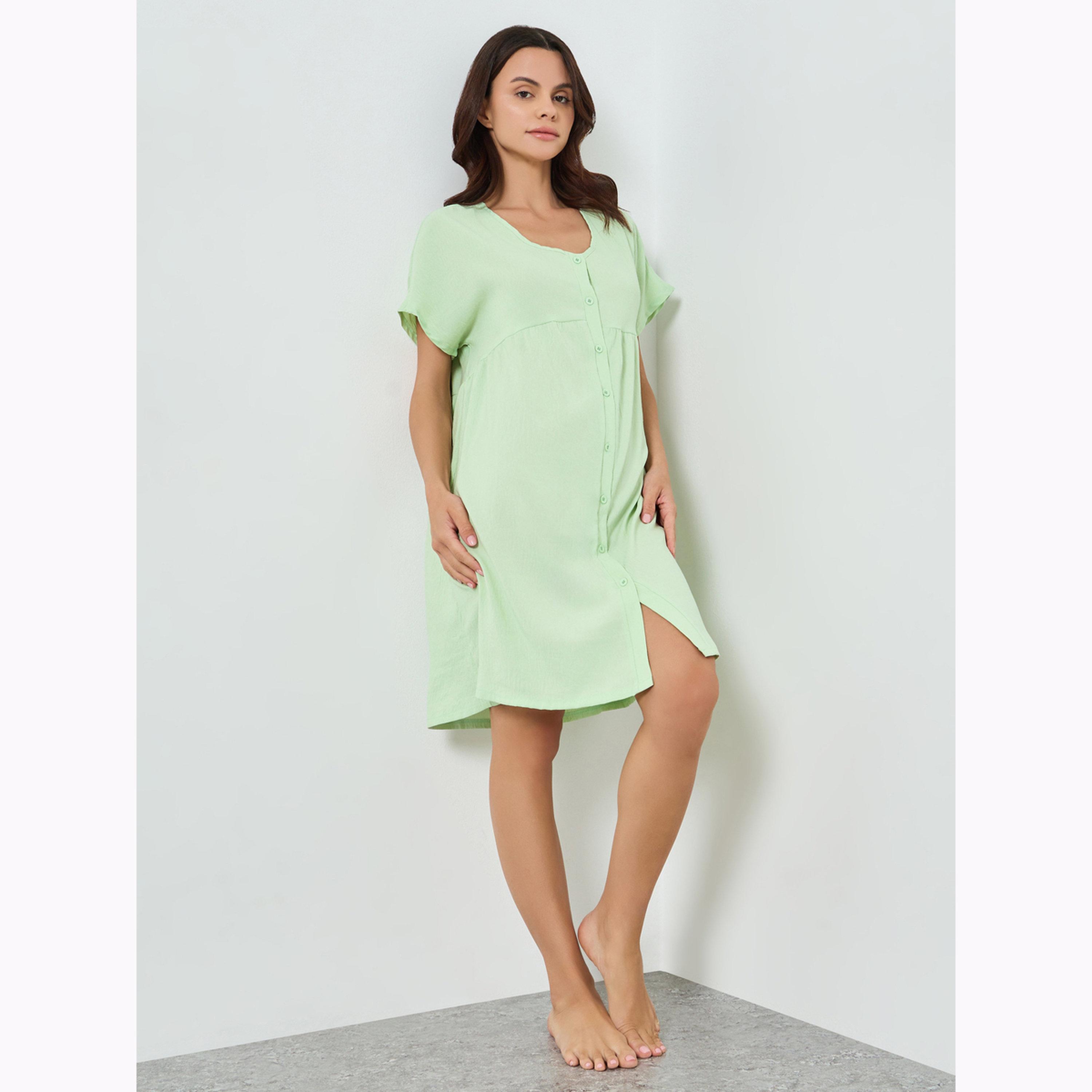 Styli Green Supersoft Crinkle V Neck Buttoned Nightdress-women-clothing-nightwear-nighties-image-2