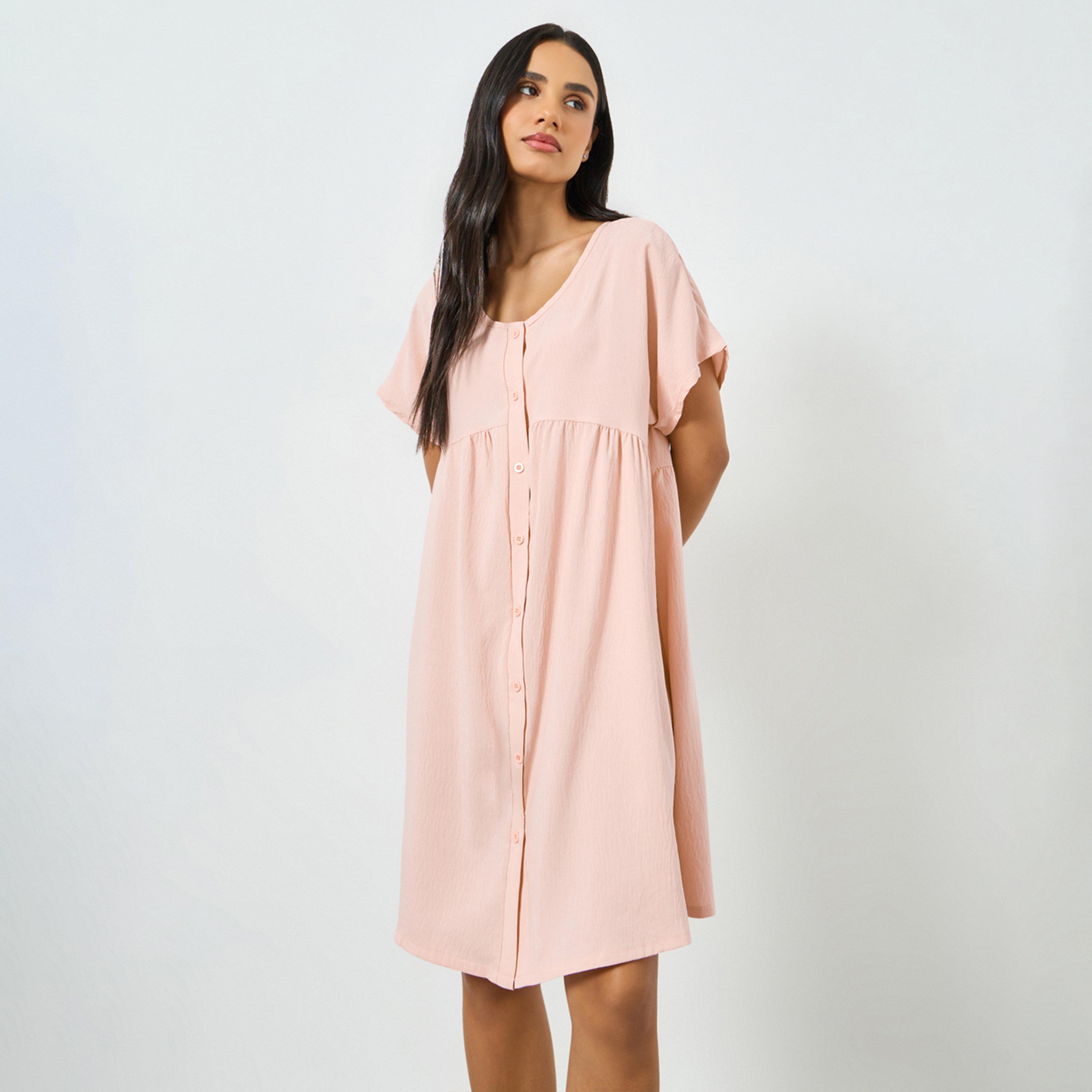 قميص نوم بتصميم أزرار وهمية وتفاصيل مجعدة-women-clothing-nightwear-nighties-image-1
