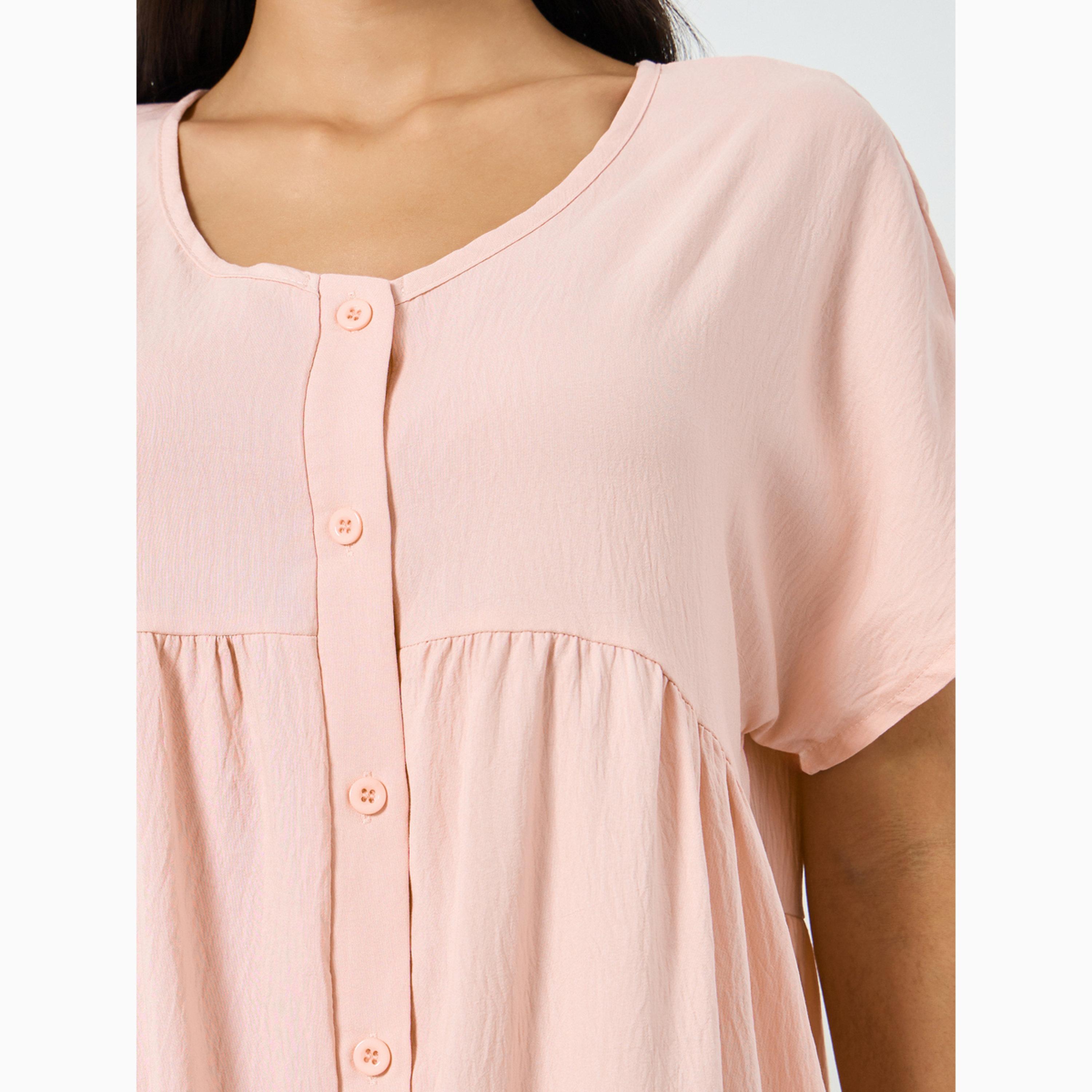 Styli Pink Supersoft Crinkle V Neck Buttoned Nightdress-women-clothing-nightwear-nighties-image-3