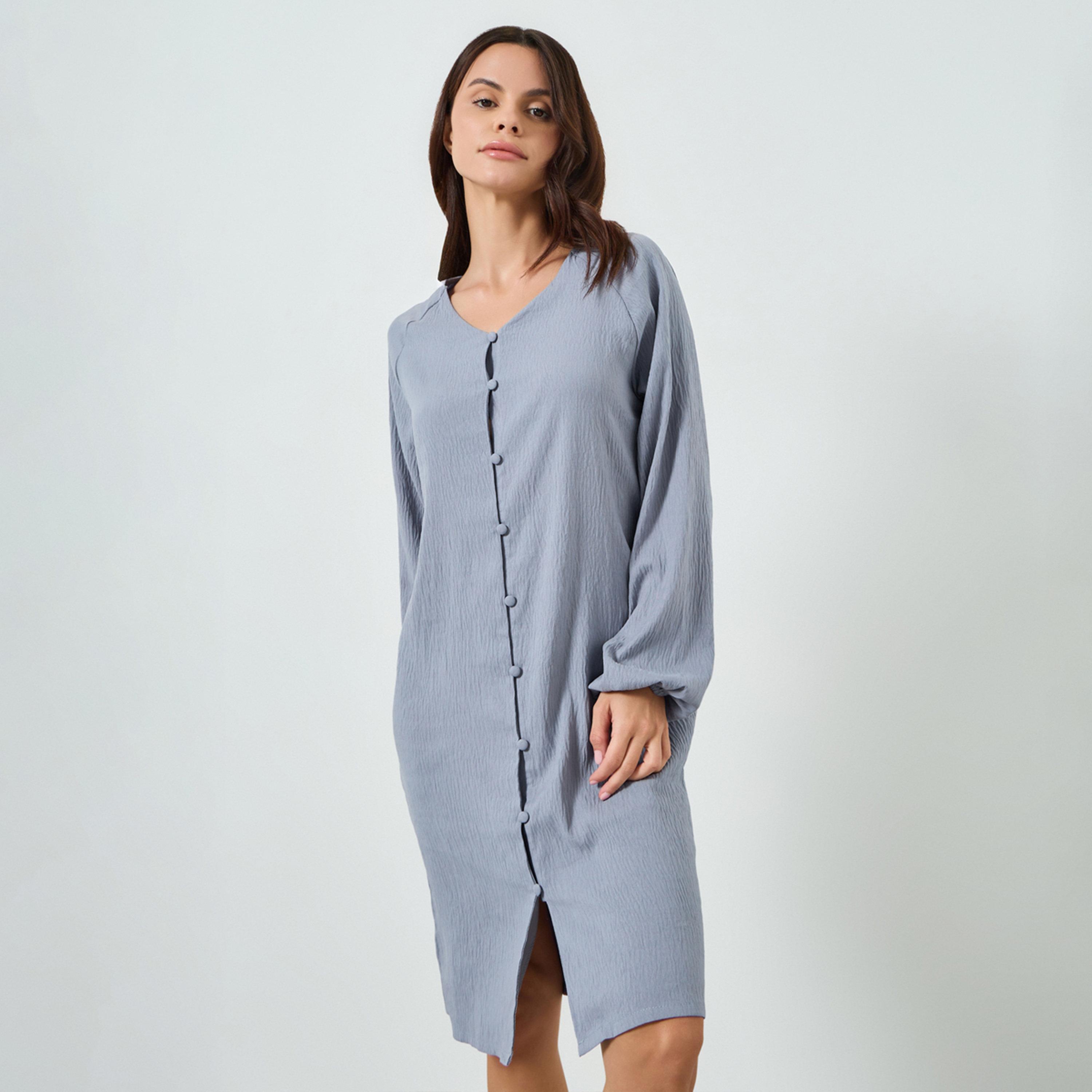 Styli Grey Supersoft Crinkle V Neck Mock Button Nightdress-women-clothing-nightwear-nighties-image-1