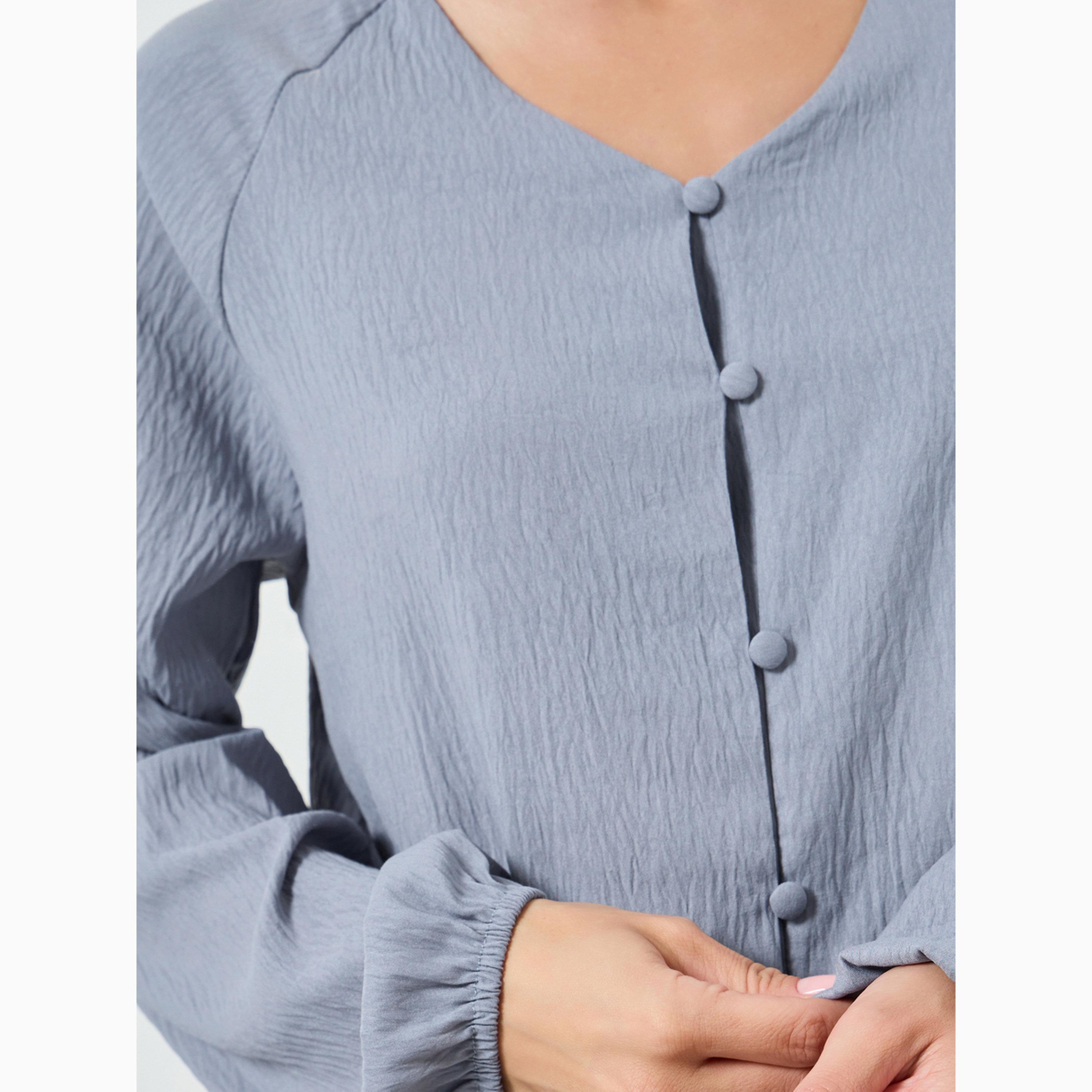Styli Grey Supersoft Crinkle V Neck Mock Button Nightdress-women-clothing-nightwear-nighties-image-3