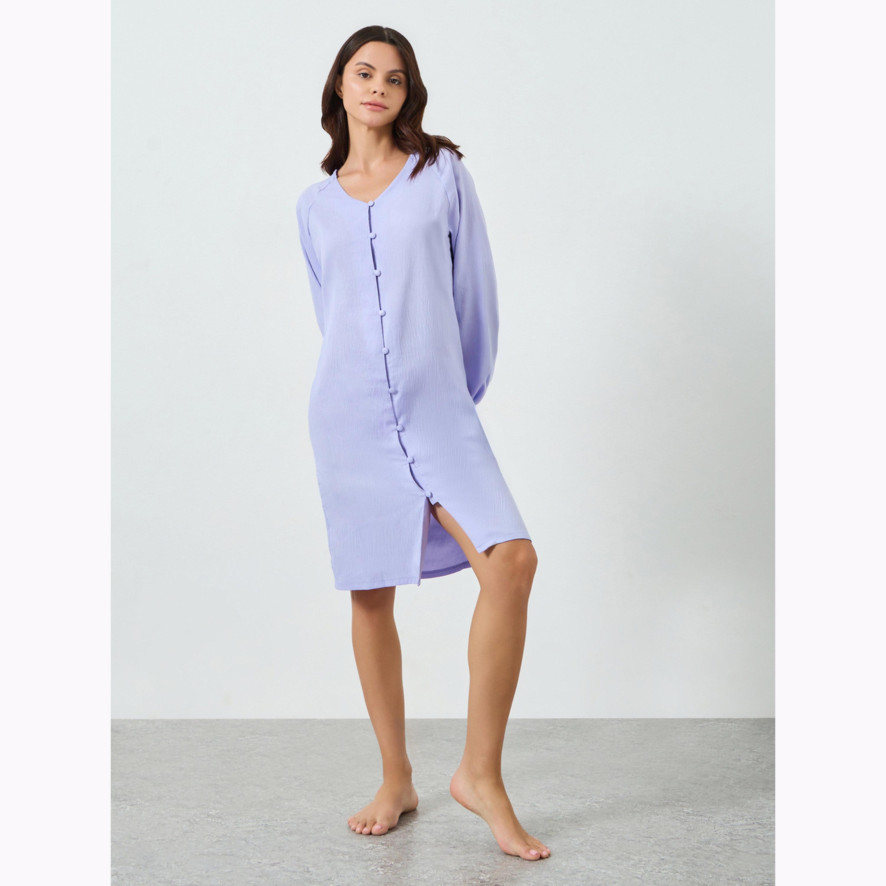 Styli Lilac Supersoft Crinkle V Neck Mock Button Nightdress-women-clothing-nightwear-nighties-image-2