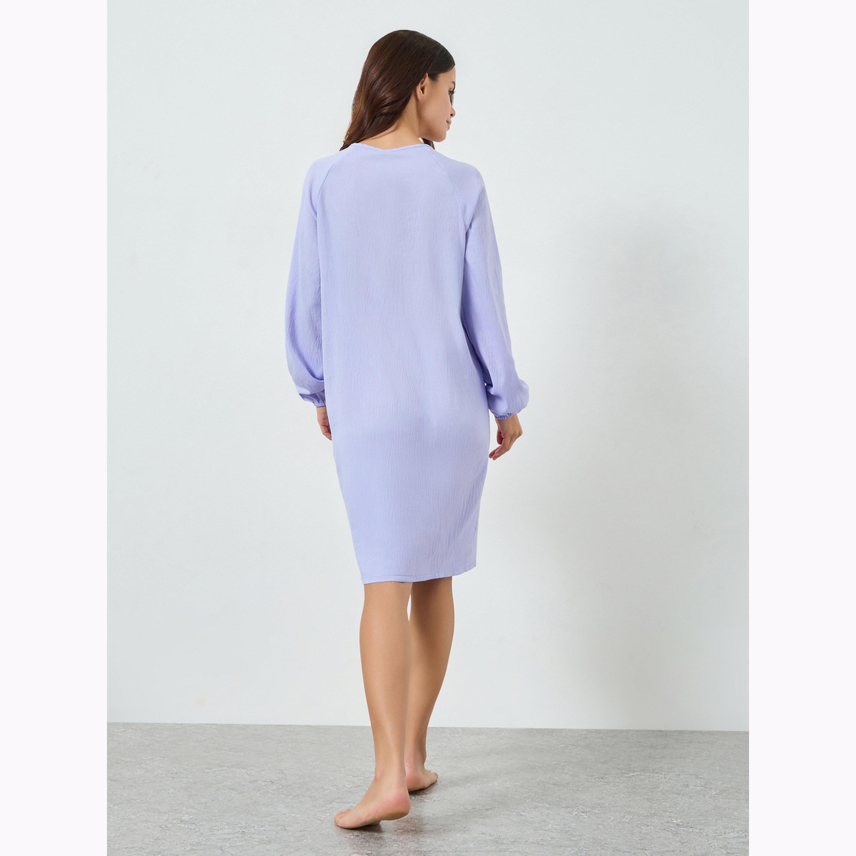 Styli Lilac Supersoft Crinkle V Neck Mock Button Nightdress-women-clothing-nightwear-nighties-image-3