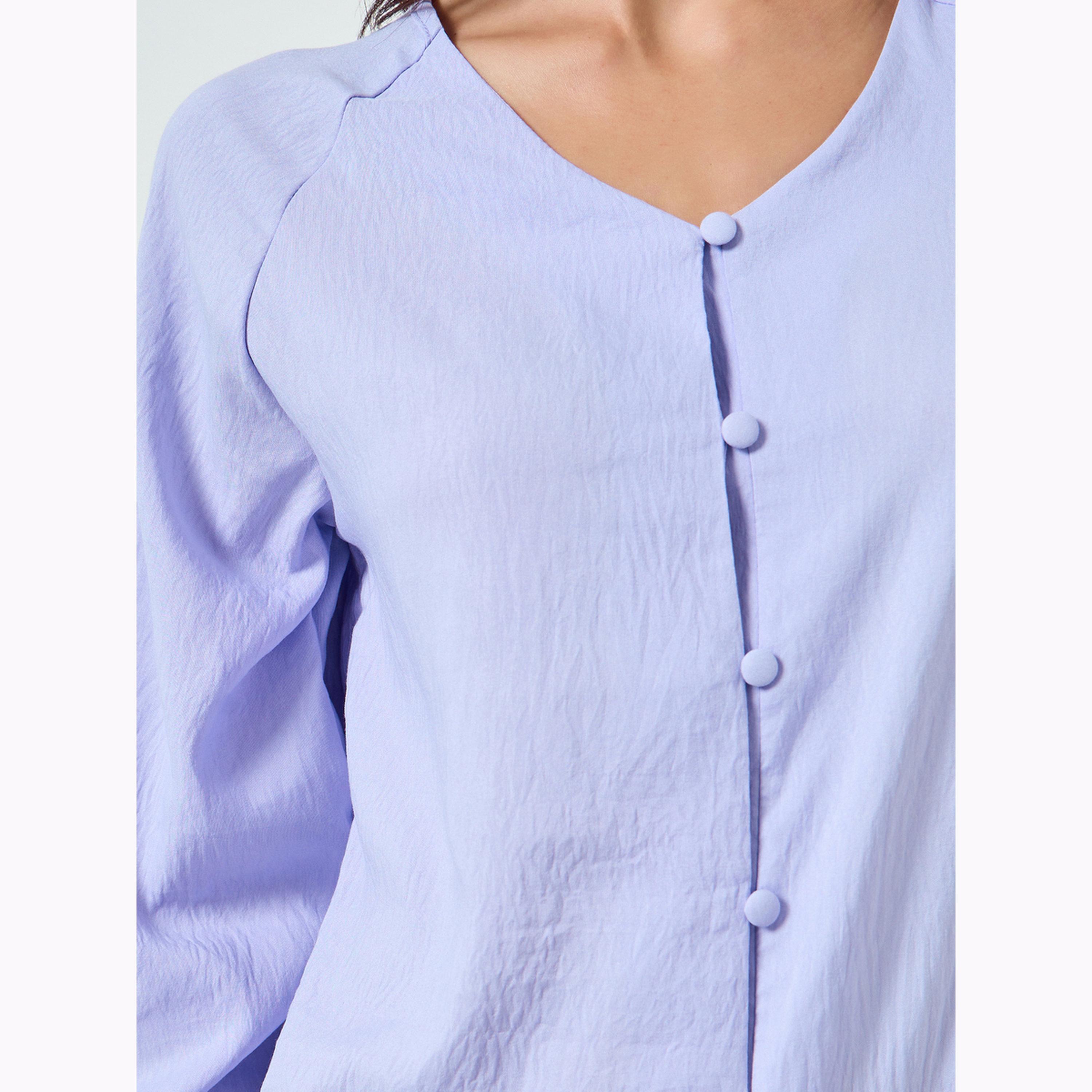 Styli Lilac Supersoft Crinkle V Neck Mock Button Nightdress-women-clothing-nightwear-nighties-image-4
