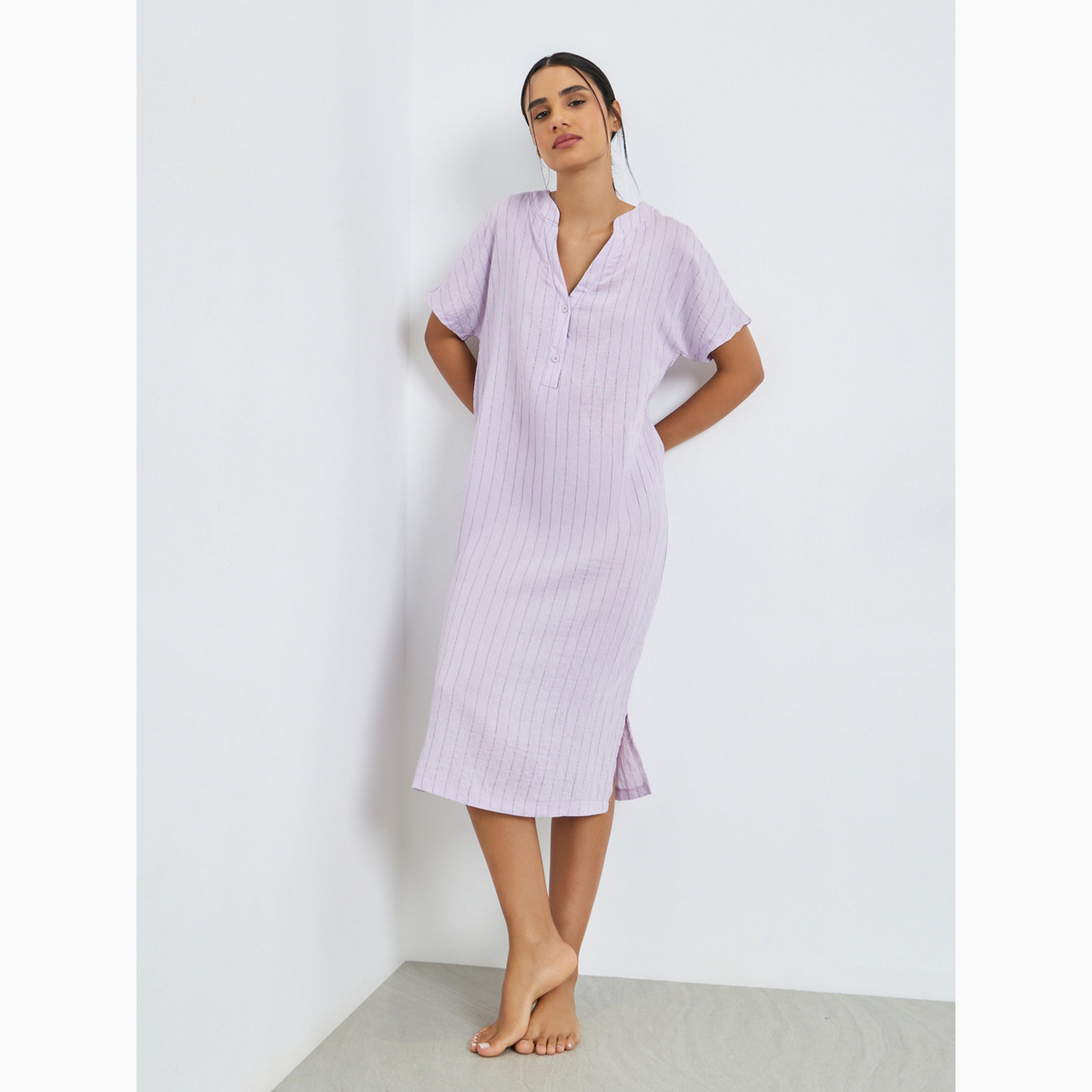 Styli Textured Double Striped Side Slit Viscose Blend Nightdress-women-clothing-nightwear-nighties-image-2