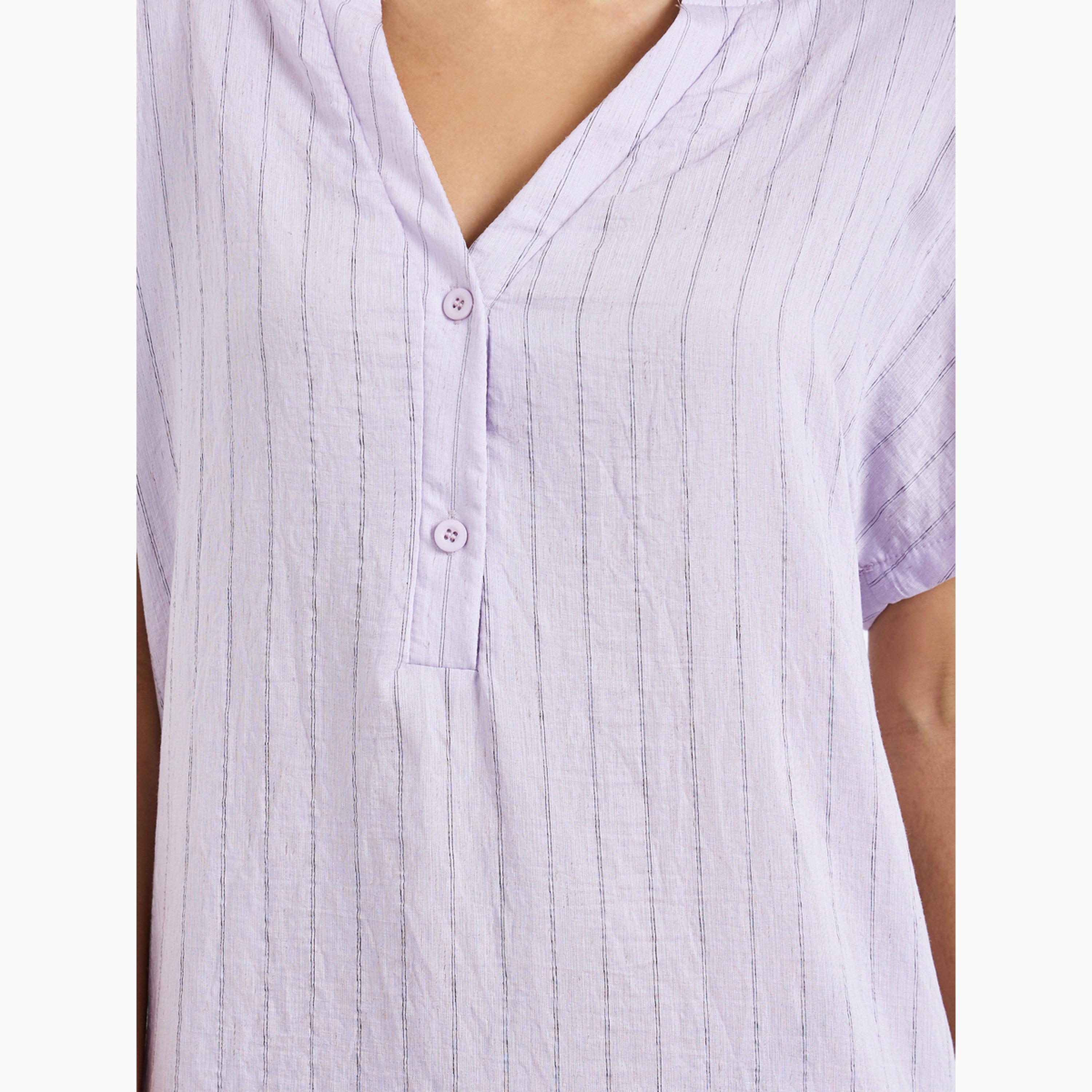 Styli Textured Double Striped Side Slit Viscose Blend Nightdress-women-clothing-nightwear-nighties-image-3