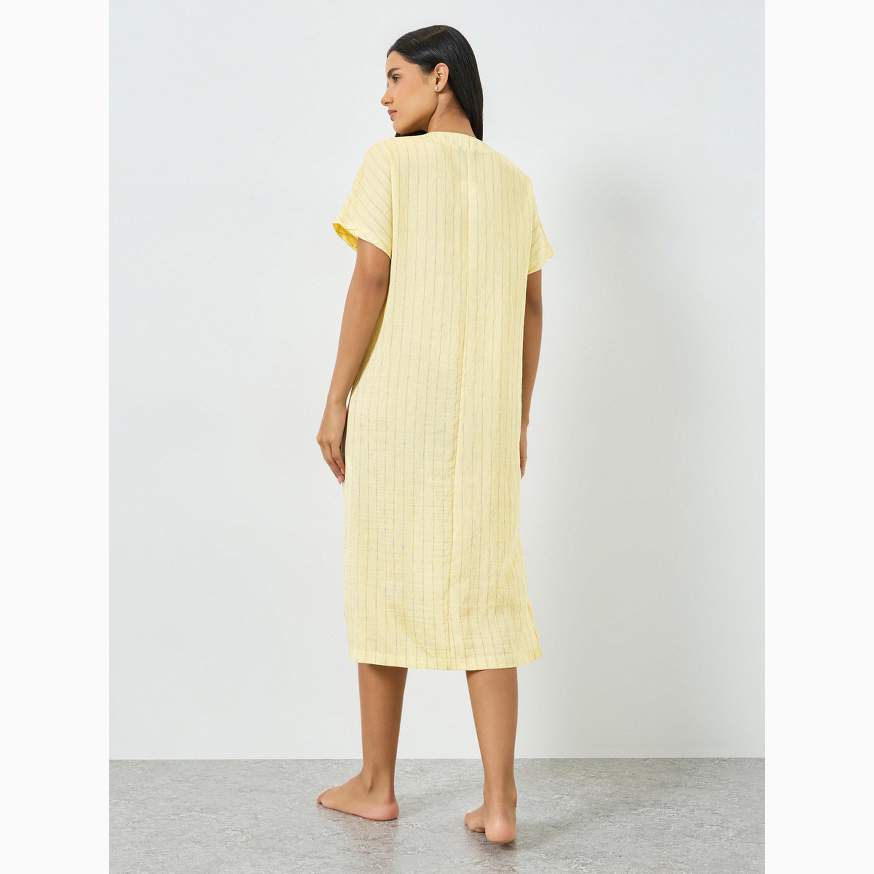Styli Textured Double Striped Side Slit Viscose Blend Nightdress-women-clothing-nightwear-nighties-image-6