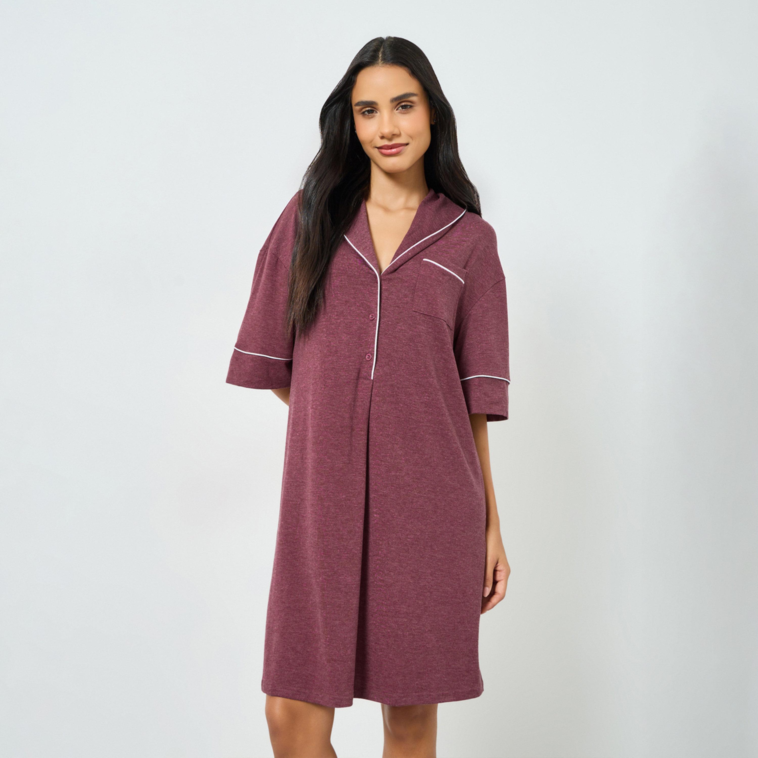 قميص نوم بنمط ميلانج وتفاصيل بايبينغ مباينة-women-clothing-nightwear-nighties-image-1