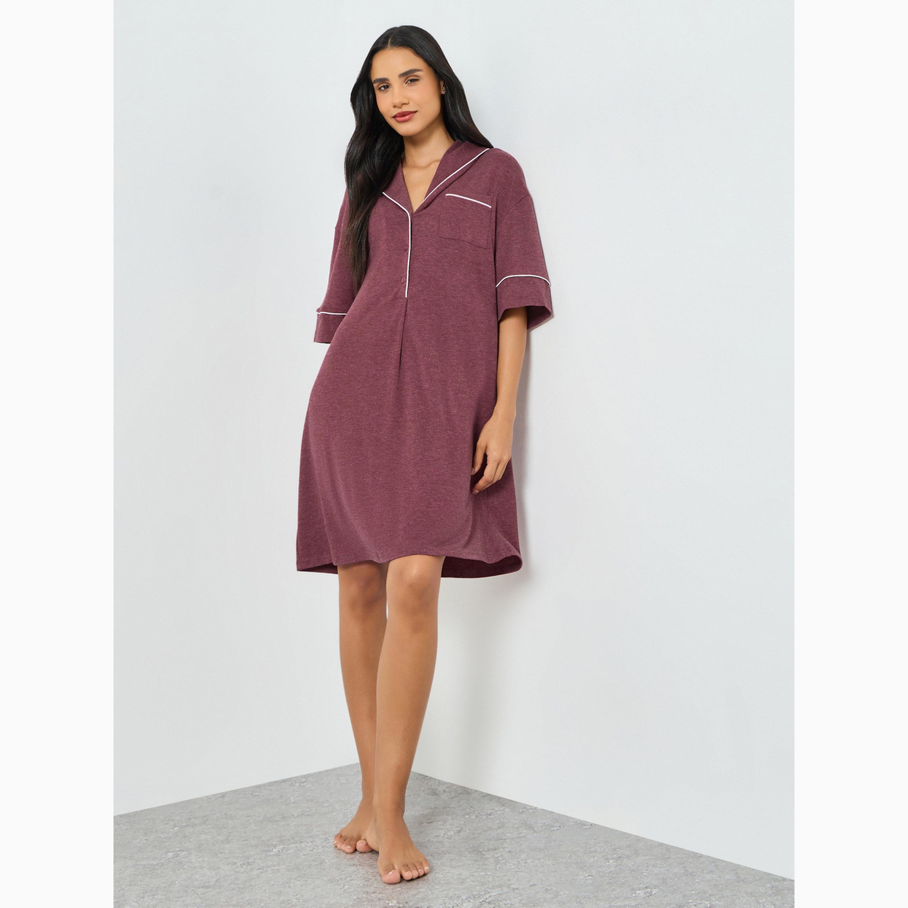 قميص نوم بنمط ميلانج وتفاصيل بايبينغ مباينة-women-clothing-nightwear-nighties-image-2