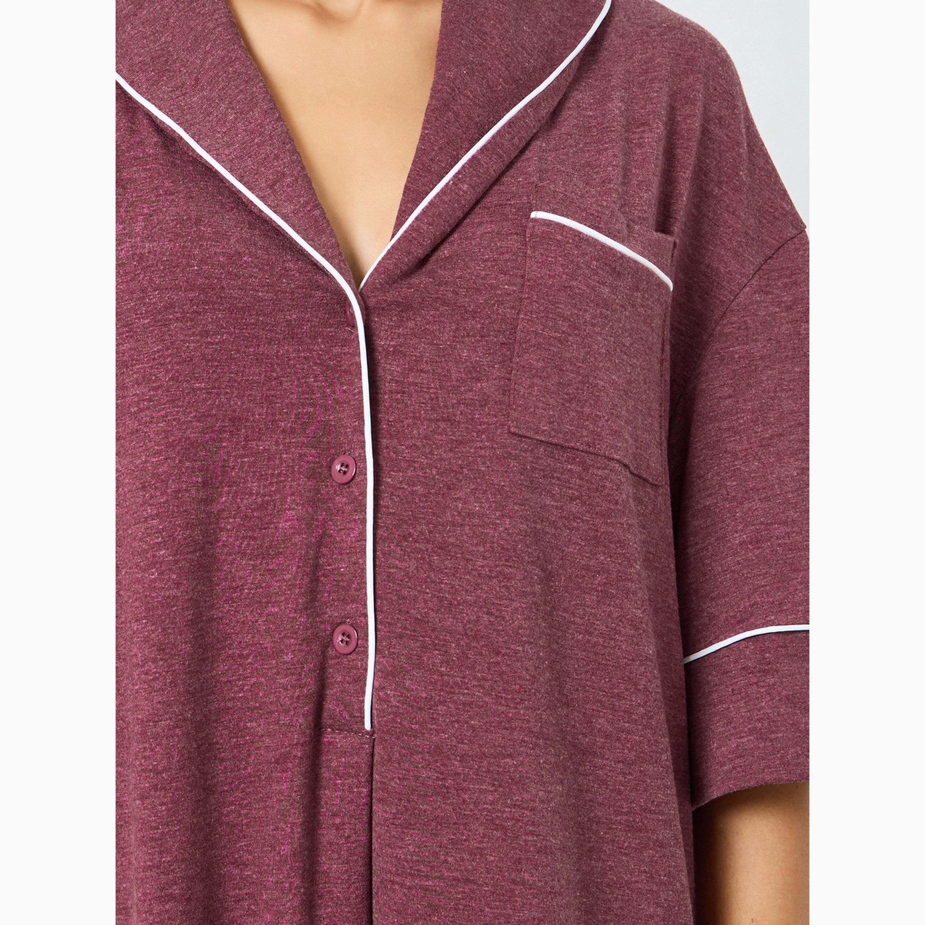 Styli Melange Half Placket Night Shirt with Contrast Piping-women-clothing-nightwear-nighties-image-3