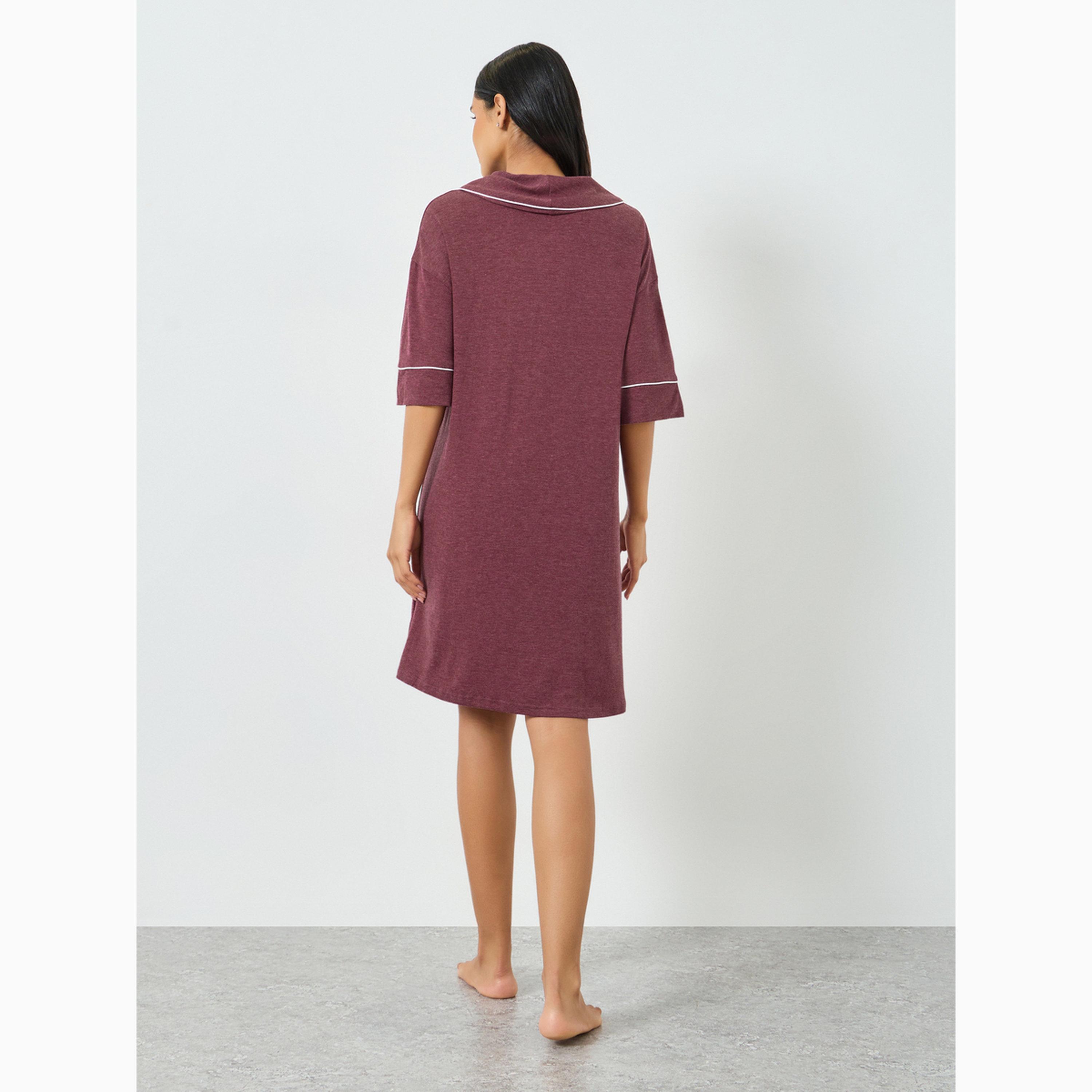Styli Melange Half Placket Night Shirt with Contrast Piping-women-clothing-nightwear-nighties-image-4