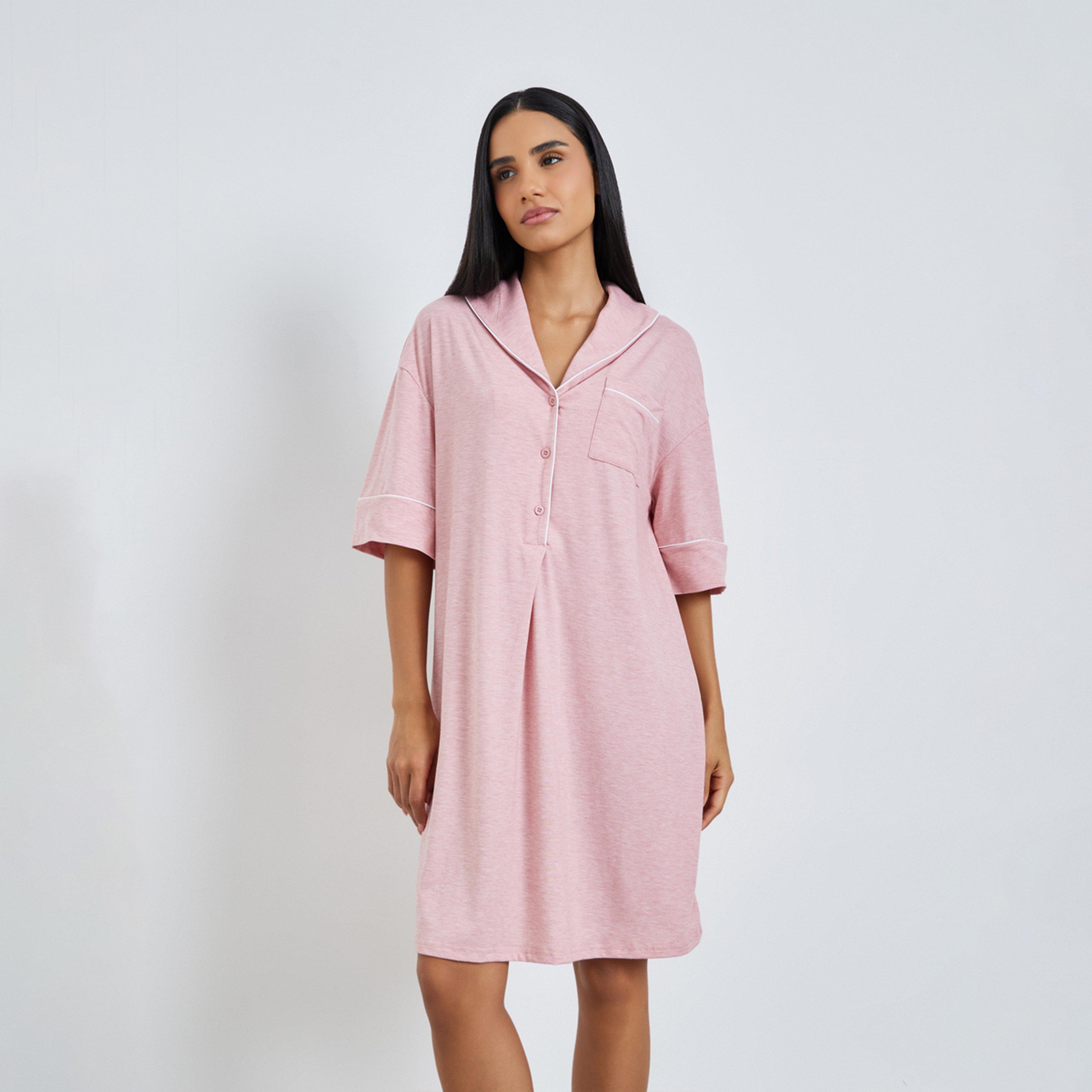 Styli Melange Half Placket Night Shirt with Contrast Piping-women-clothing-nightwear-nighties-image-1