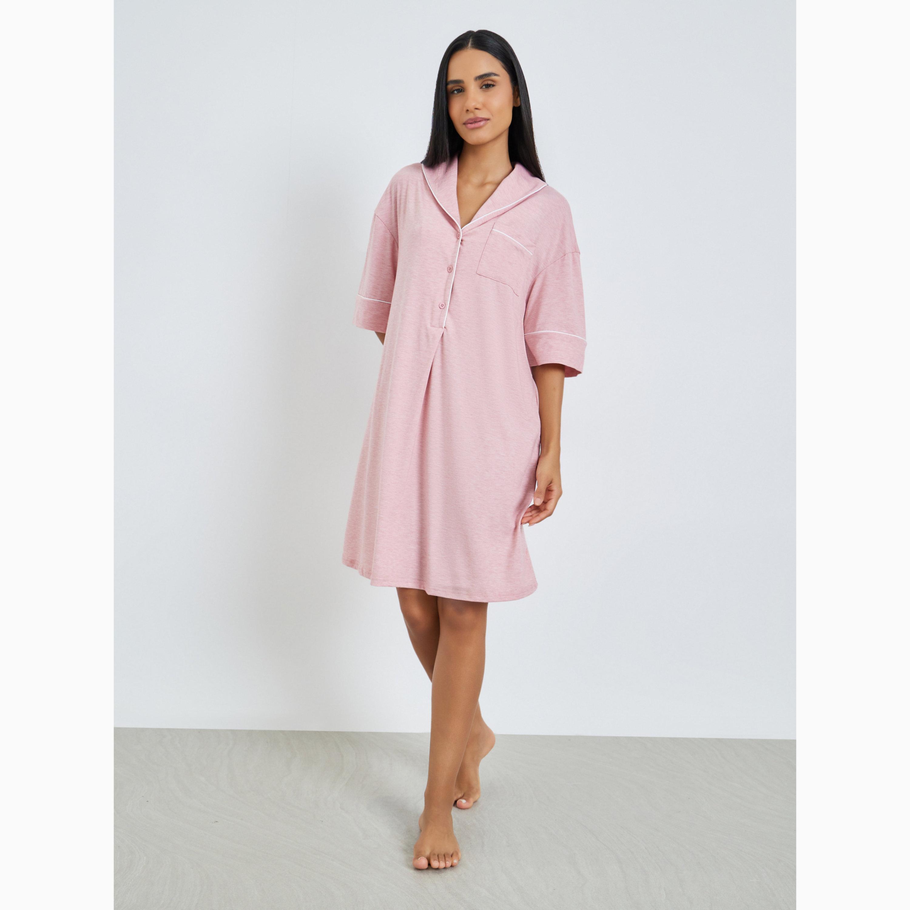 Styli Melange Half Placket Night Shirt with Contrast Piping-women-clothing-nightwear-nighties-image-2