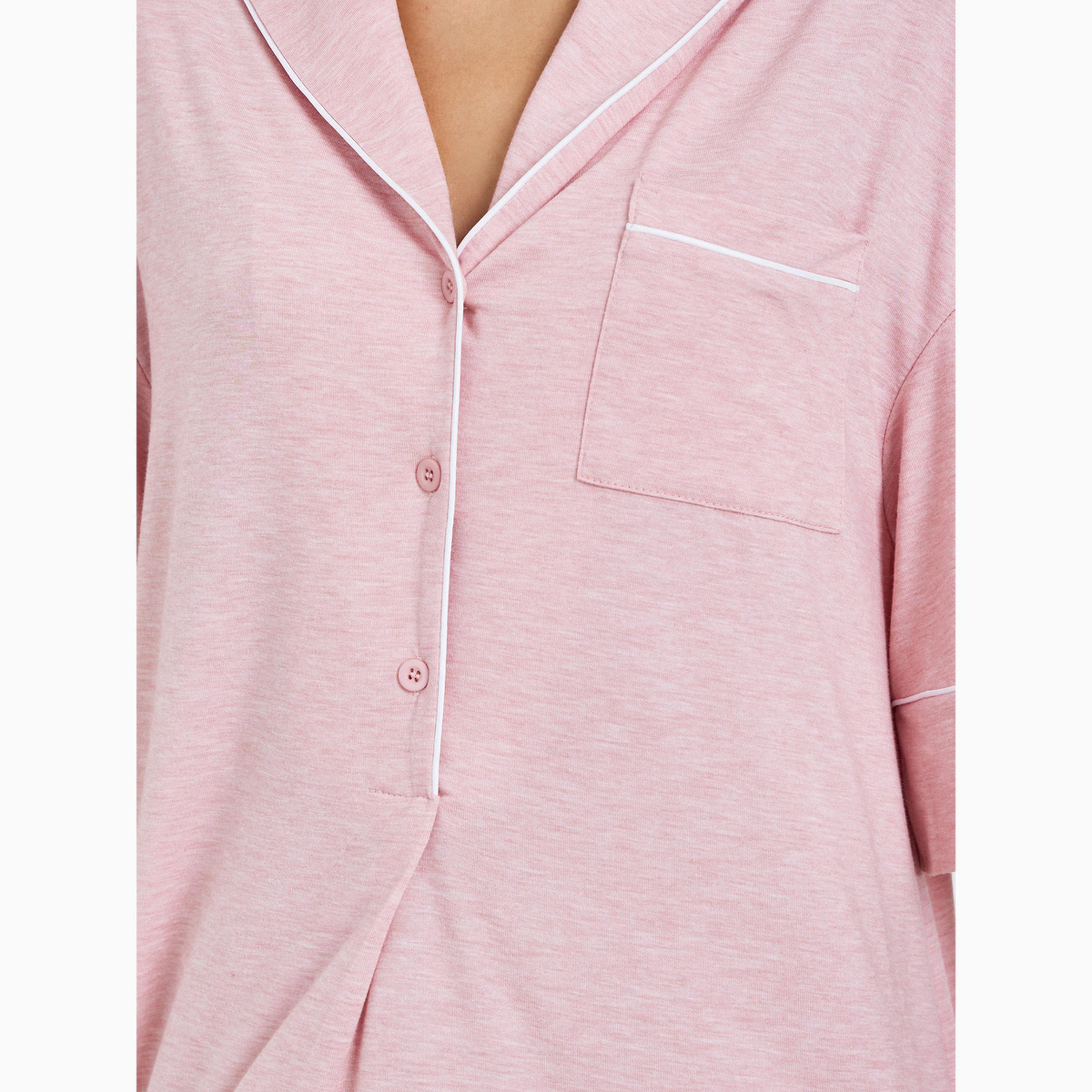 قميص نوم ميلانج بأزرار نصفية وتفاصيل متباينة-women-clothing-nightwear-nighties-image-3
