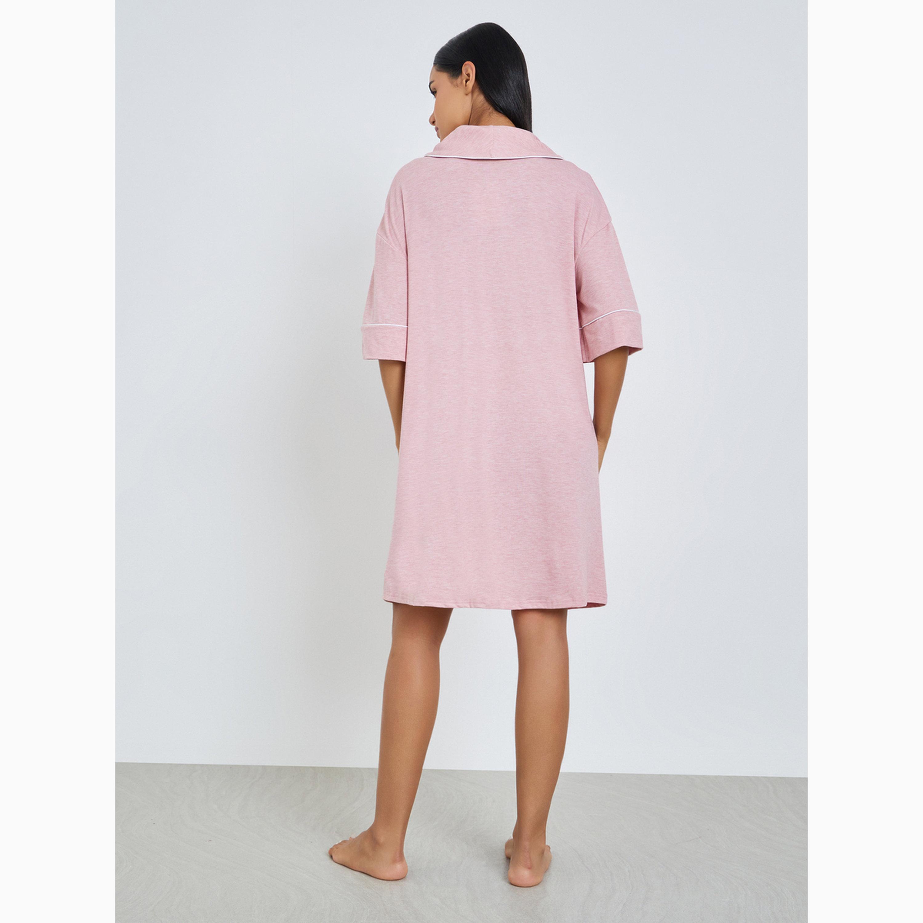 قميص نوم ميلانج بأزرار نصفية وتفاصيل متباينة-women-clothing-nightwear-nighties-image-4