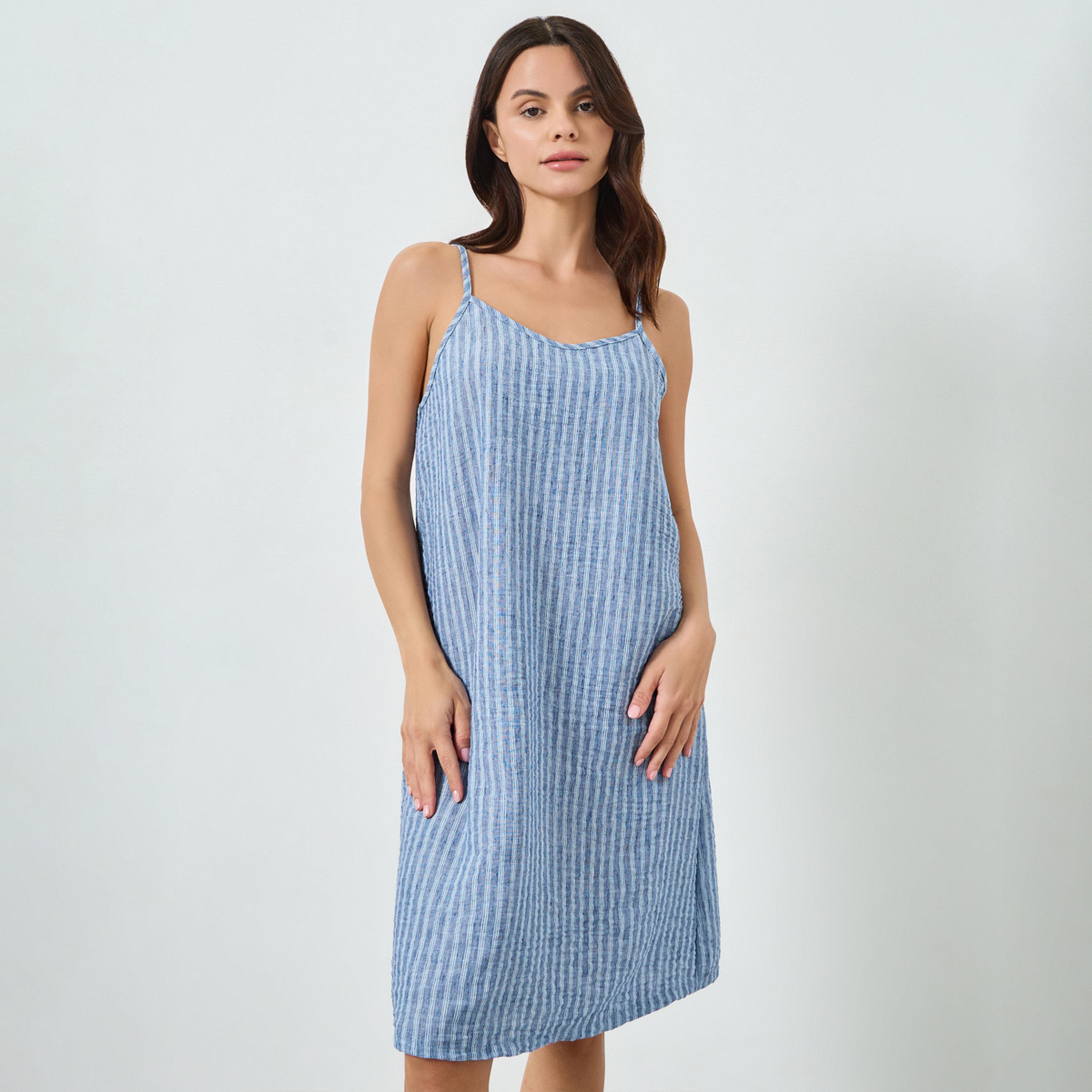 Styli Blue Woven Linen Look Stripe V Neck Slip Dress-women-clothing-nightwear-nighties-image-1