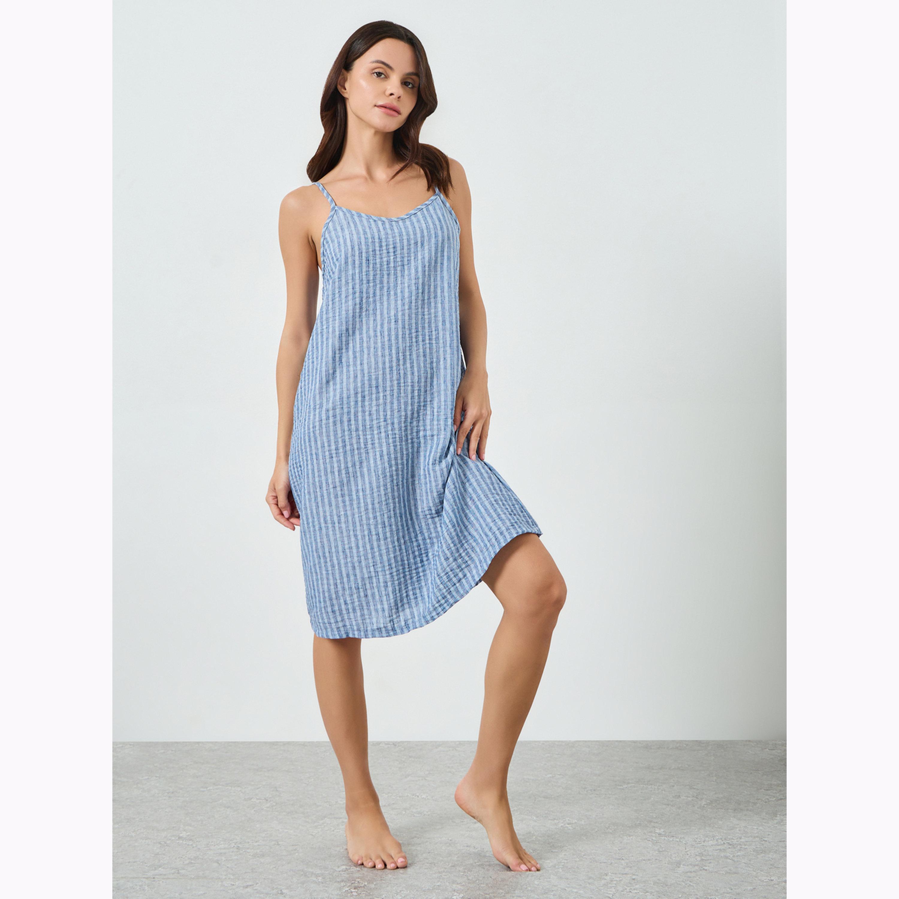 Styli Blue Woven Linen Look Stripe V Neck Slip Dress-women-clothing-nightwear-nighties-image-2