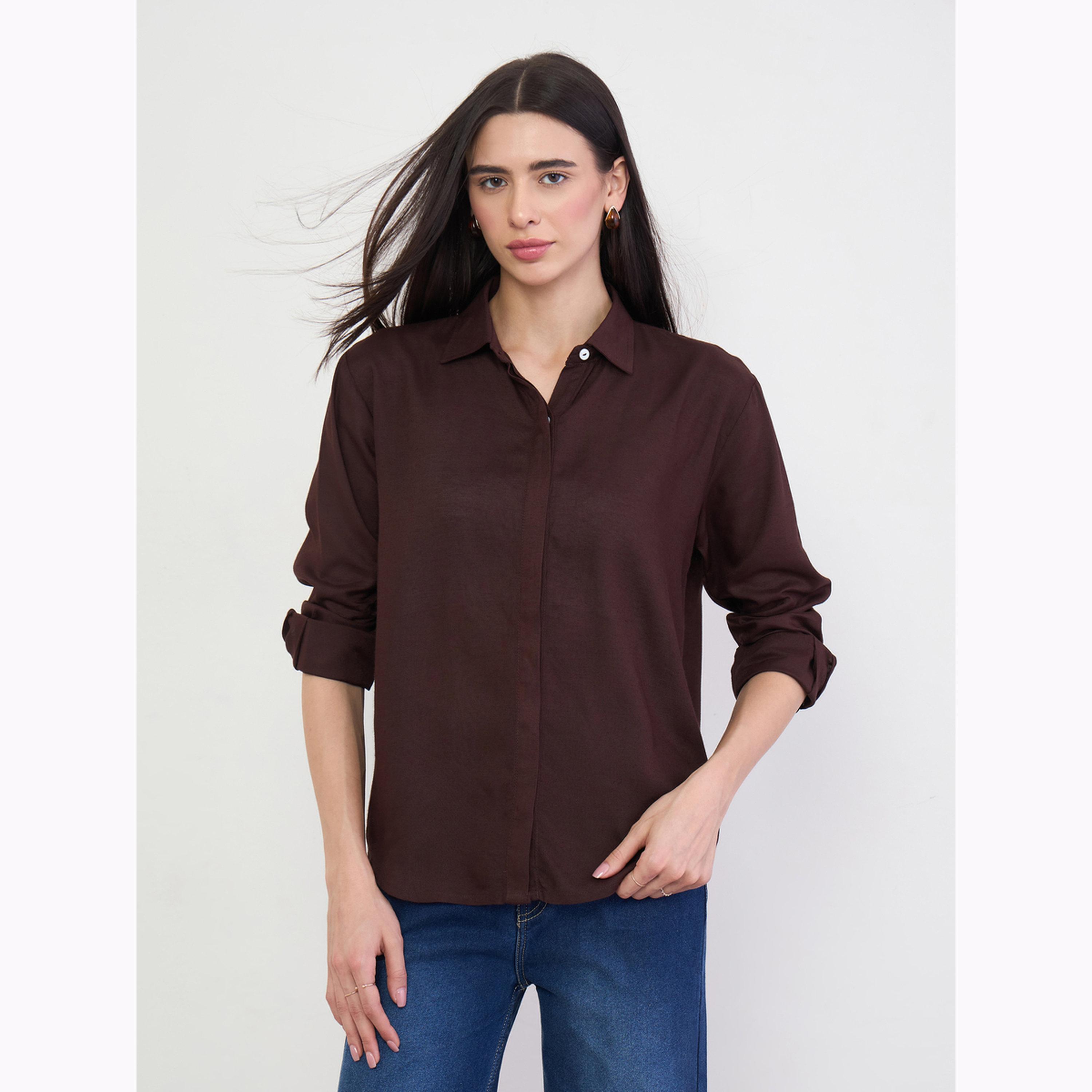 Styli Brown Linen Blend Relaxed Fit Shirt-women-clothing-shirtsandblouses-shirts-image-1