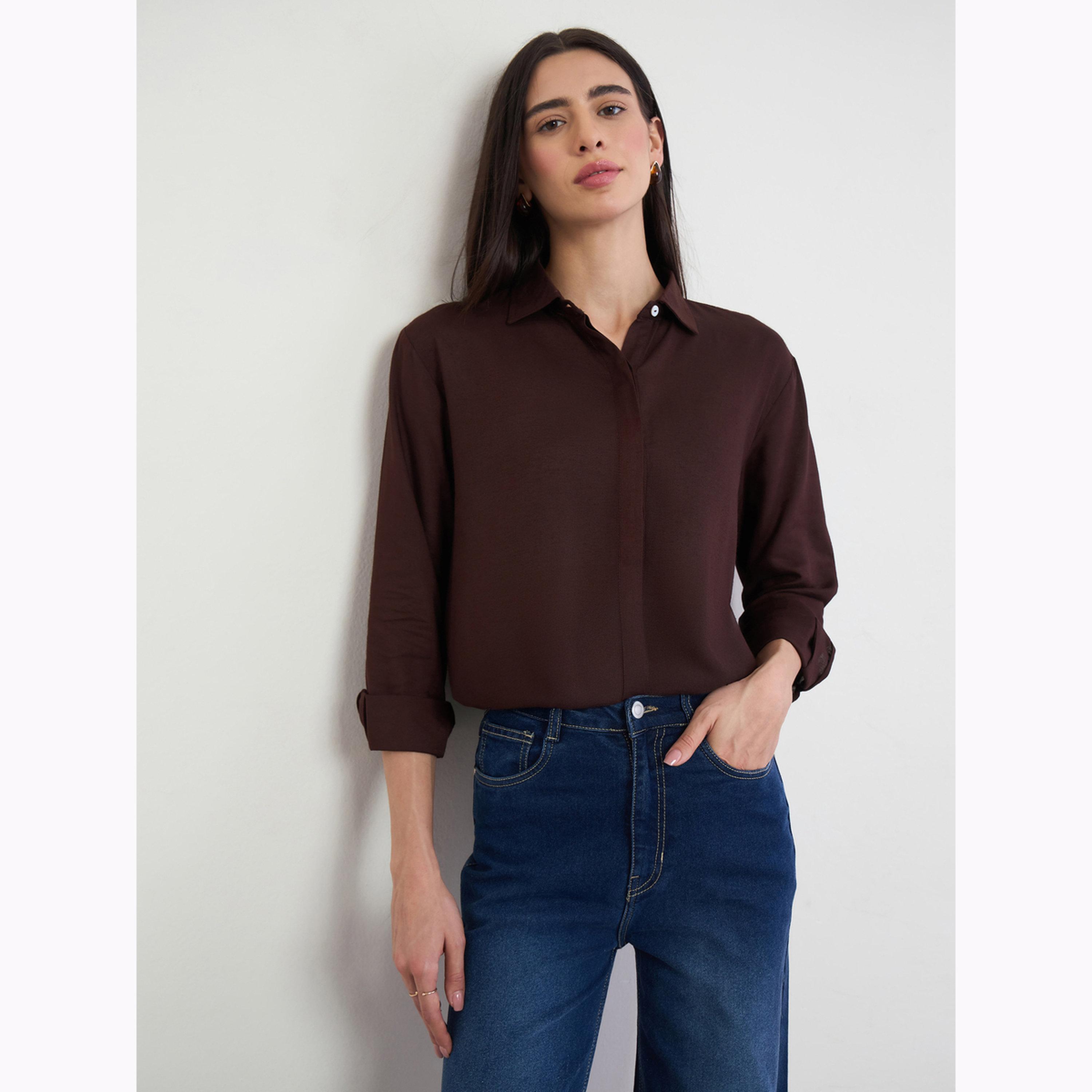 Styli Brown Linen Blend Relaxed Fit Shirt-women-clothing-shirtsandblouses-shirts-image-3