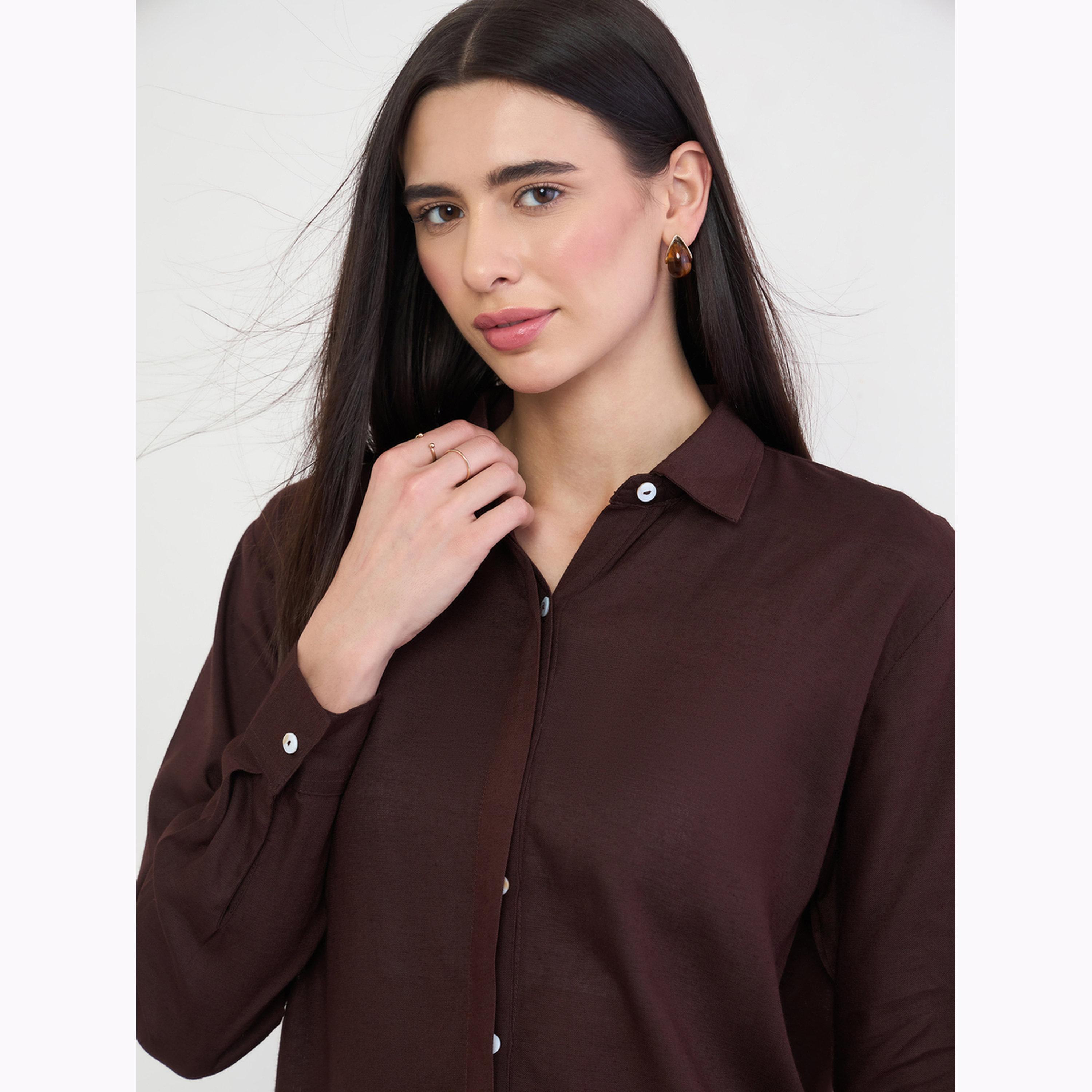 Styli Brown Linen Blend Relaxed Fit Shirt-women-clothing-shirtsandblouses-shirts-image-5
