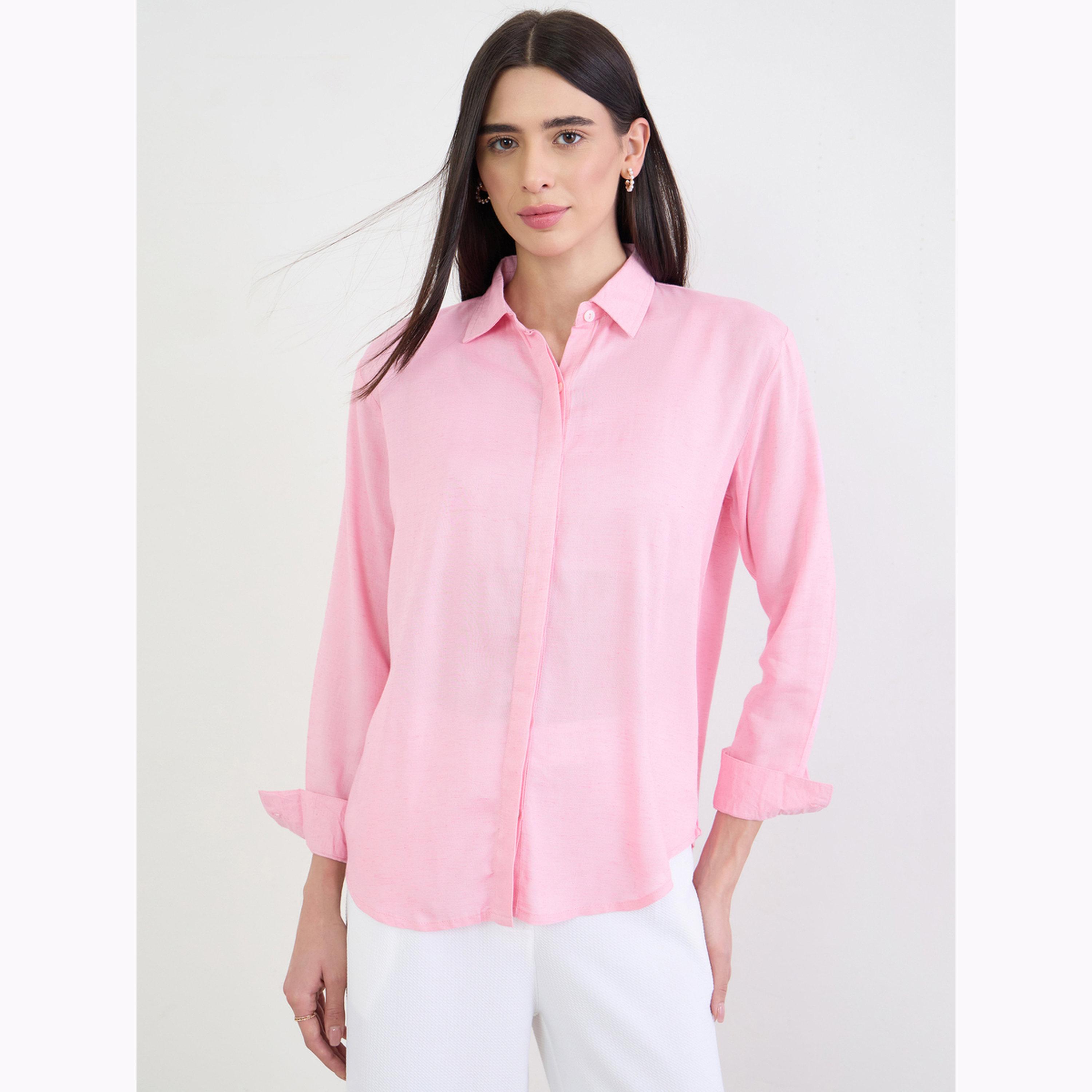 Styli Pink Linen Blend Relaxed Fit Shirt-women-clothing-shirtsandblouses-shirts-image-1