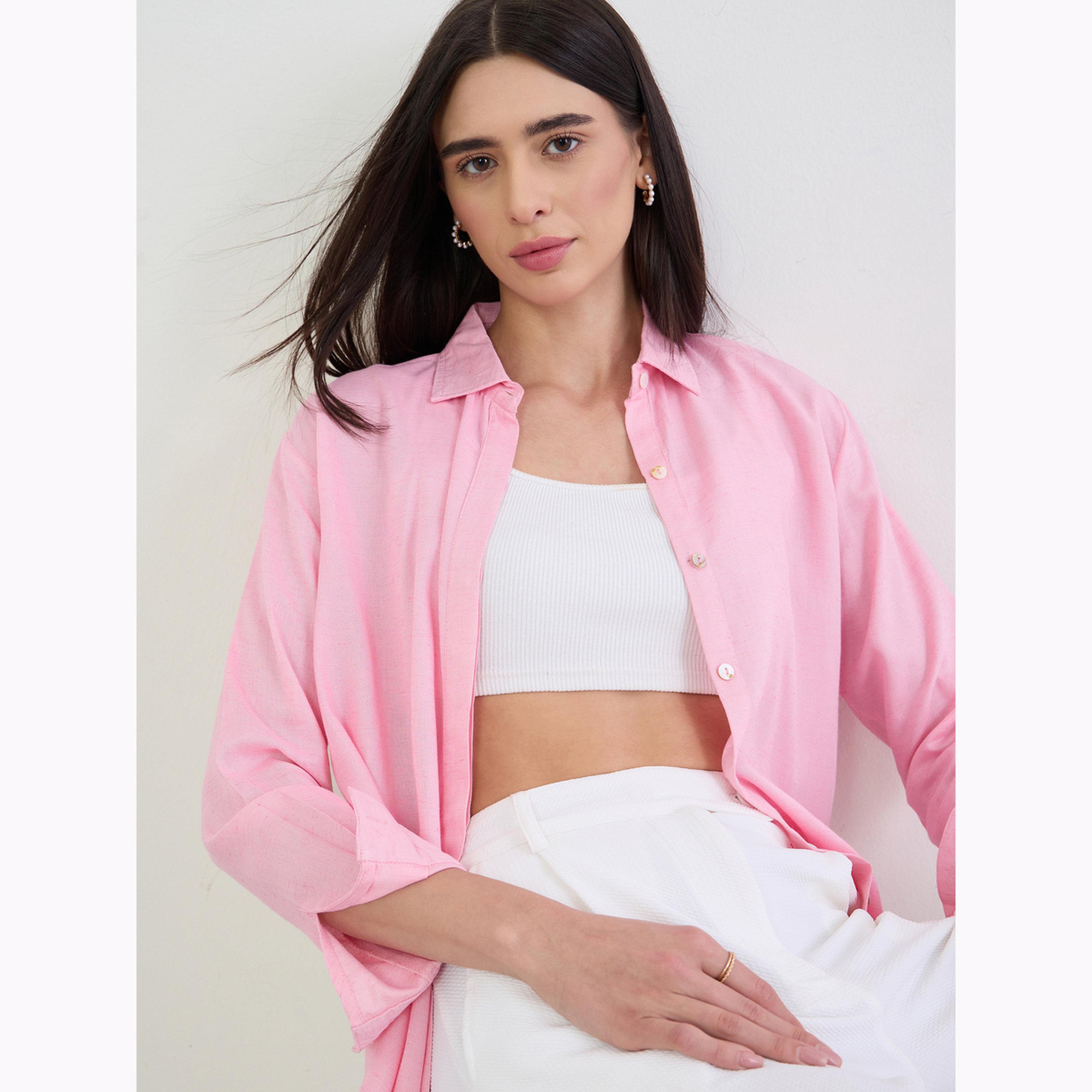 قميص وردي سادة بتفاصيل أزرار صدفية وقصة واسعة-women-clothing-shirtsandblouses-shirts-image-5