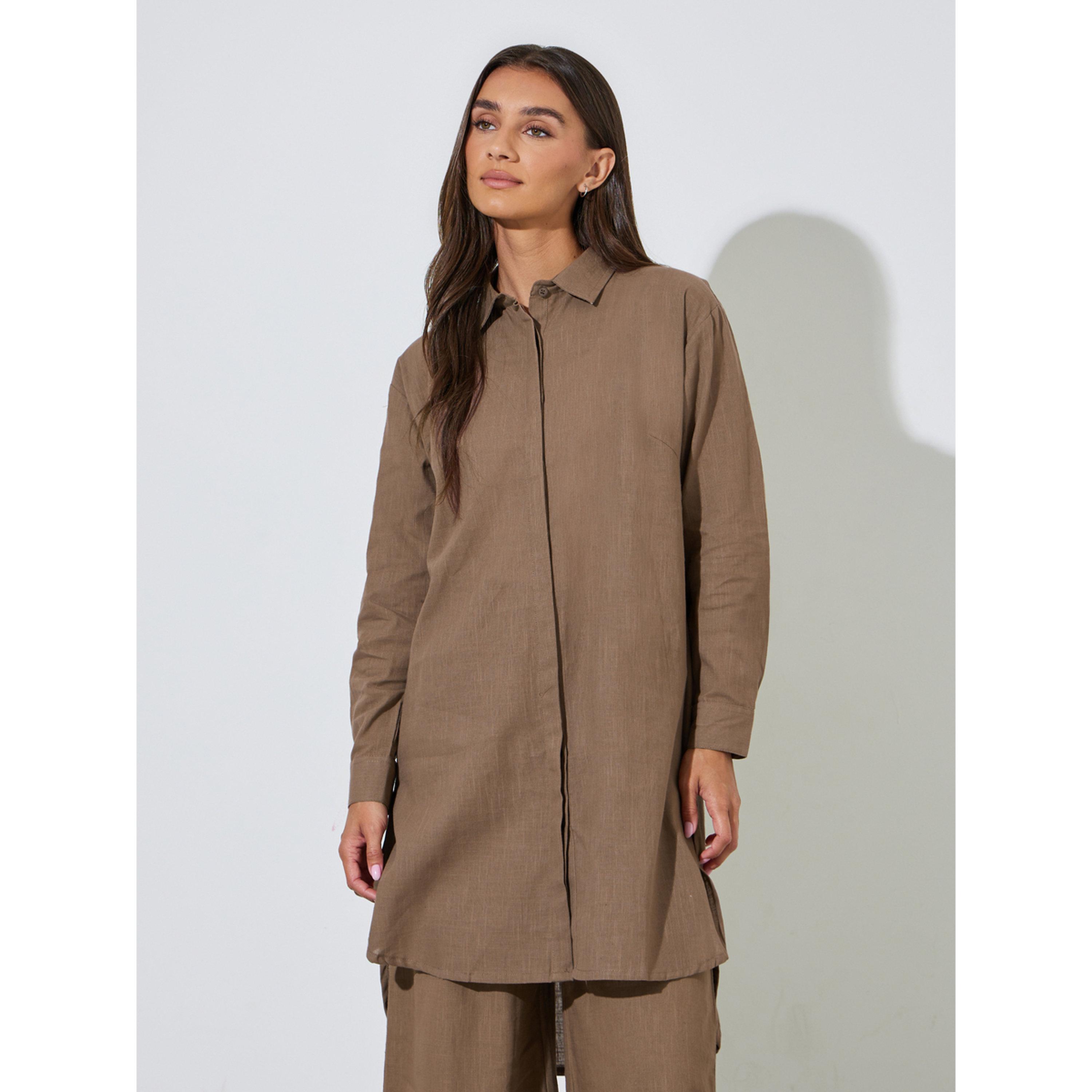 Styli Brown Solid High-Low Shirt with Concealed Placket-women-clothing-shirtsandblouses-blouses-image-1