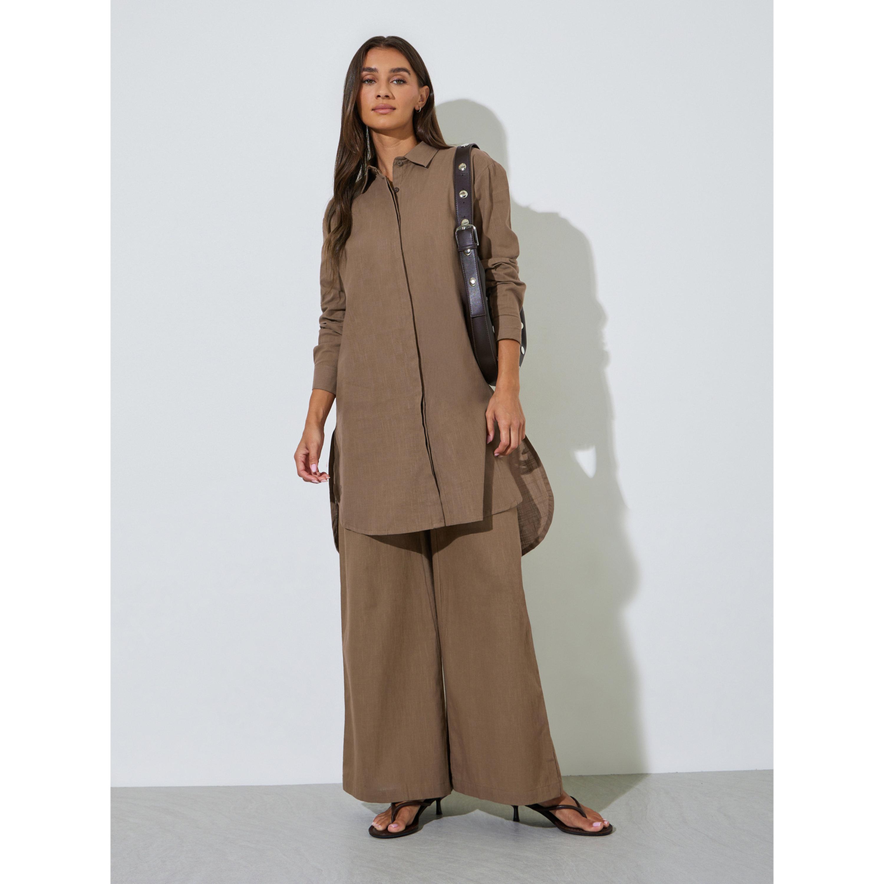 Styli Brown Solid High-Low Shirt with Concealed Placket-women-clothing-shirtsandblouses-blouses-image-2