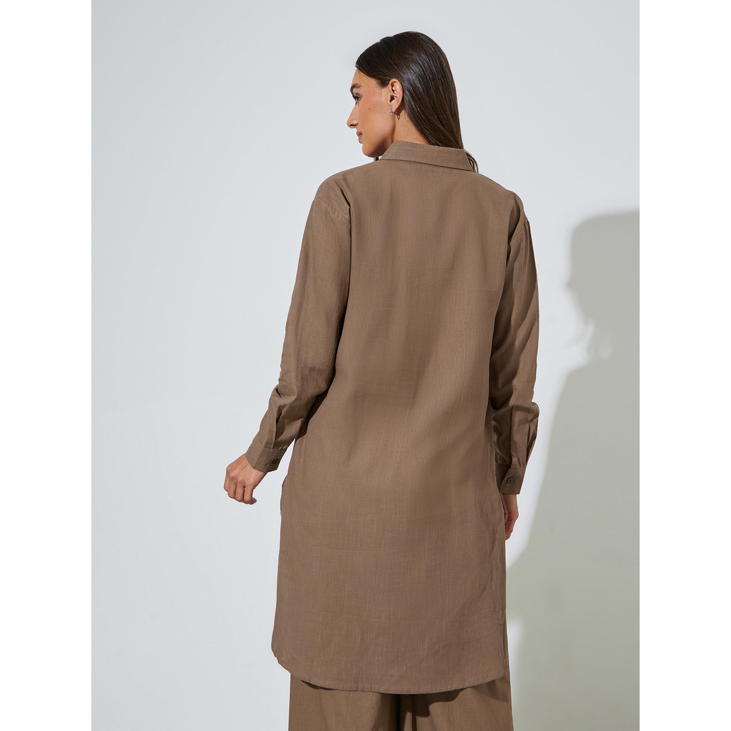 بلوزة سادة بطول متباين وأزرار مخفية باللون البني-women-clothing-shirtsandblouses-blouses-image-3