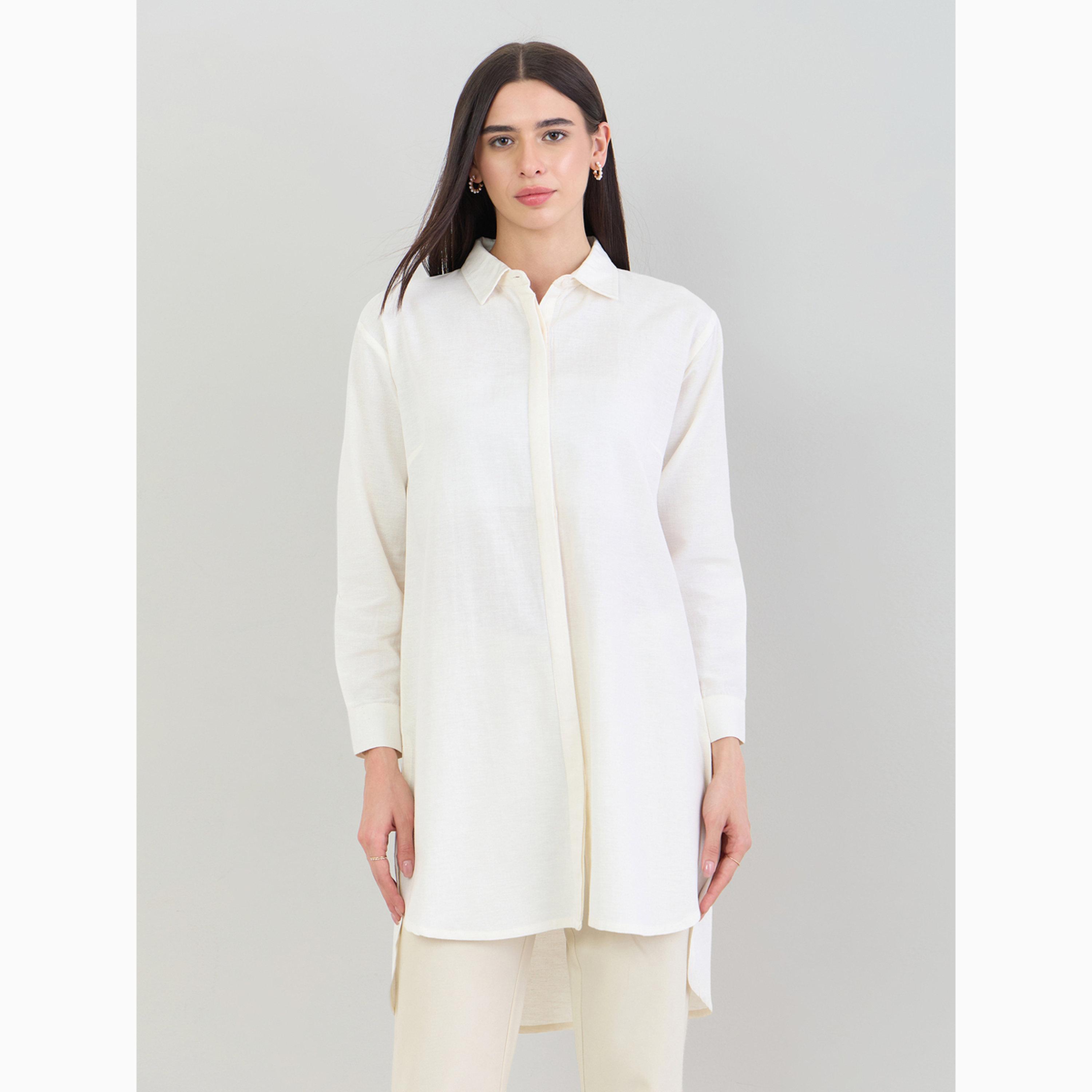 Styli Off White Solid High-Low Shirt with Concealed Placket-women-clothing-ethnicwear-kurtas-image-1