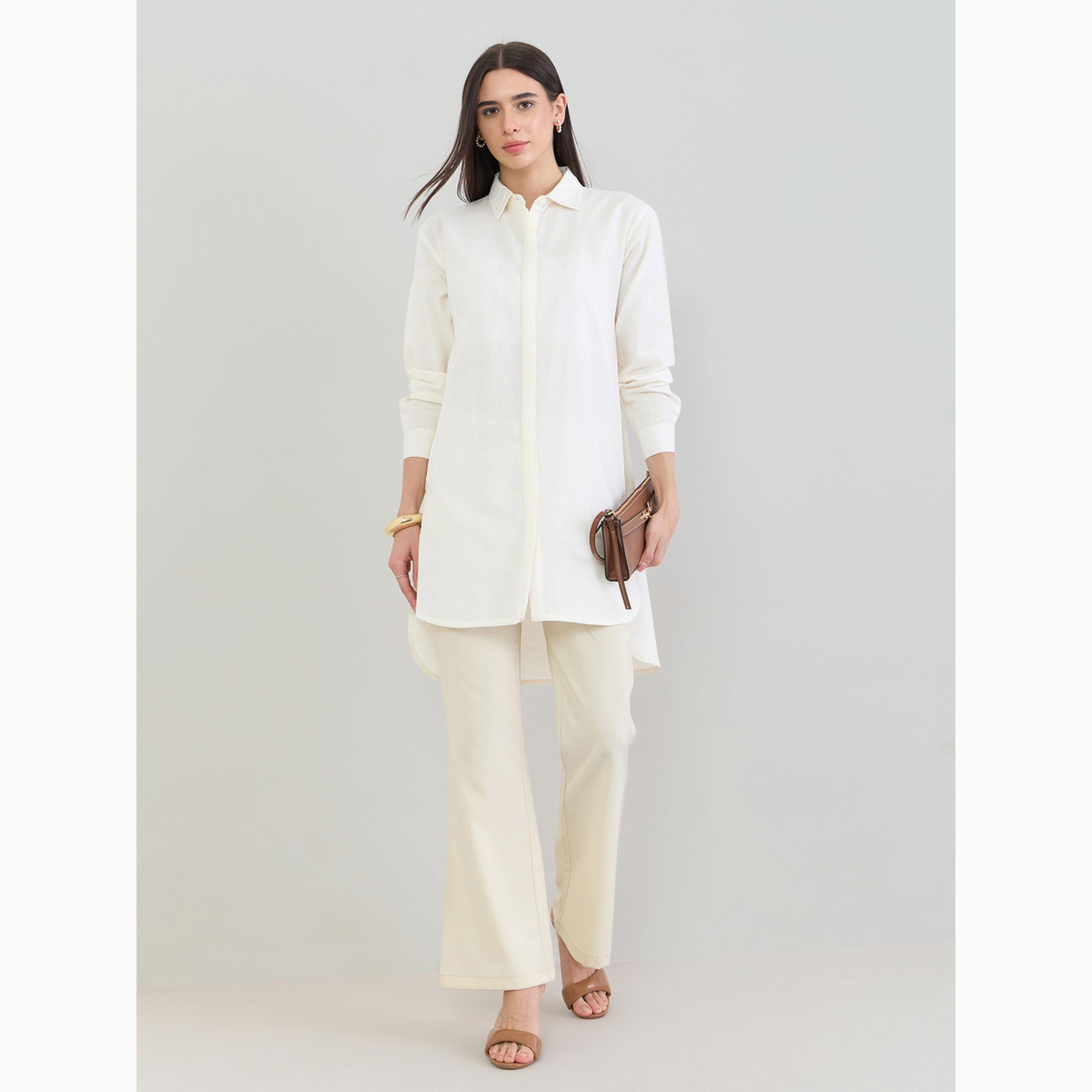 Styli Off White Solid High-Low Shirt with Concealed Placket-women-clothing-ethnicwear-kurtas-image-2