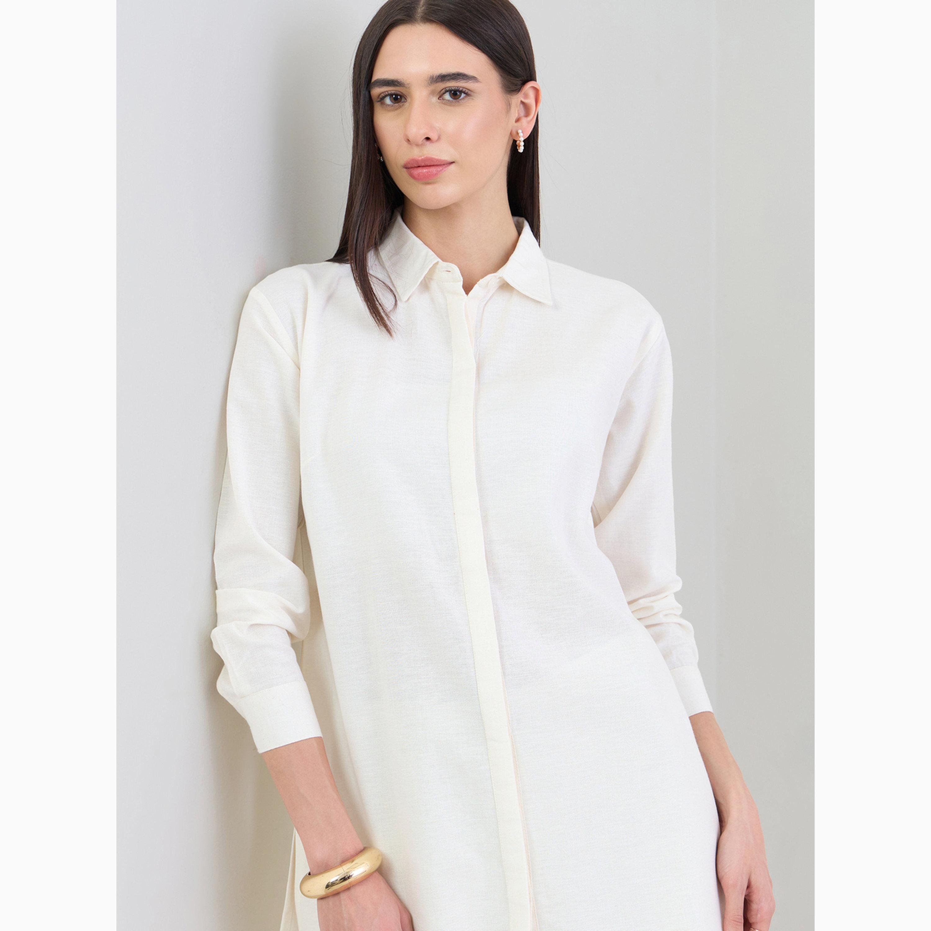 Styli Off White Solid High-Low Shirt with Concealed Placket-women-clothing-ethnicwear-kurtas-image-3
