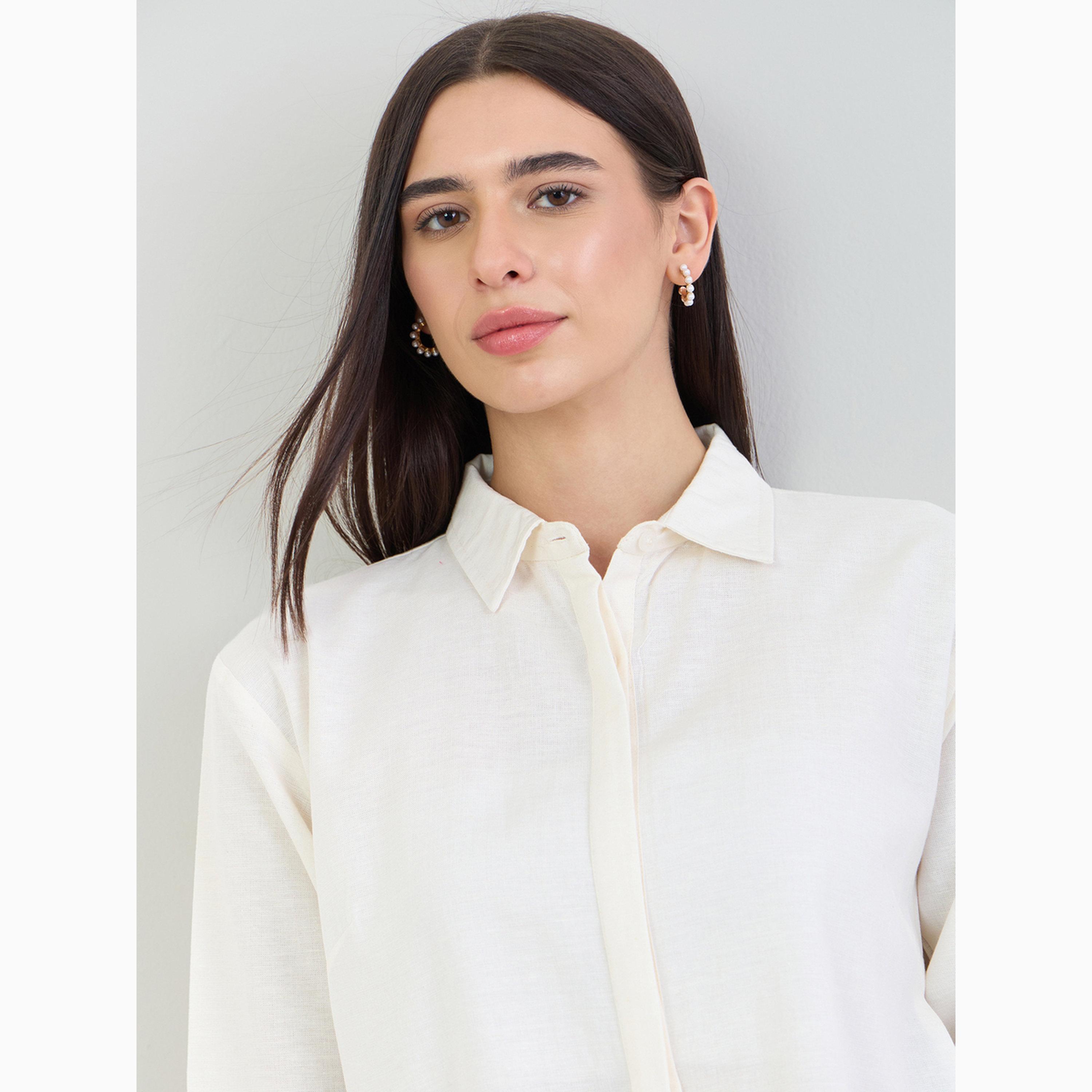 Styli Off White Solid High-Low Shirt with Concealed Placket-women-clothing-ethnicwear-kurtas-image-4