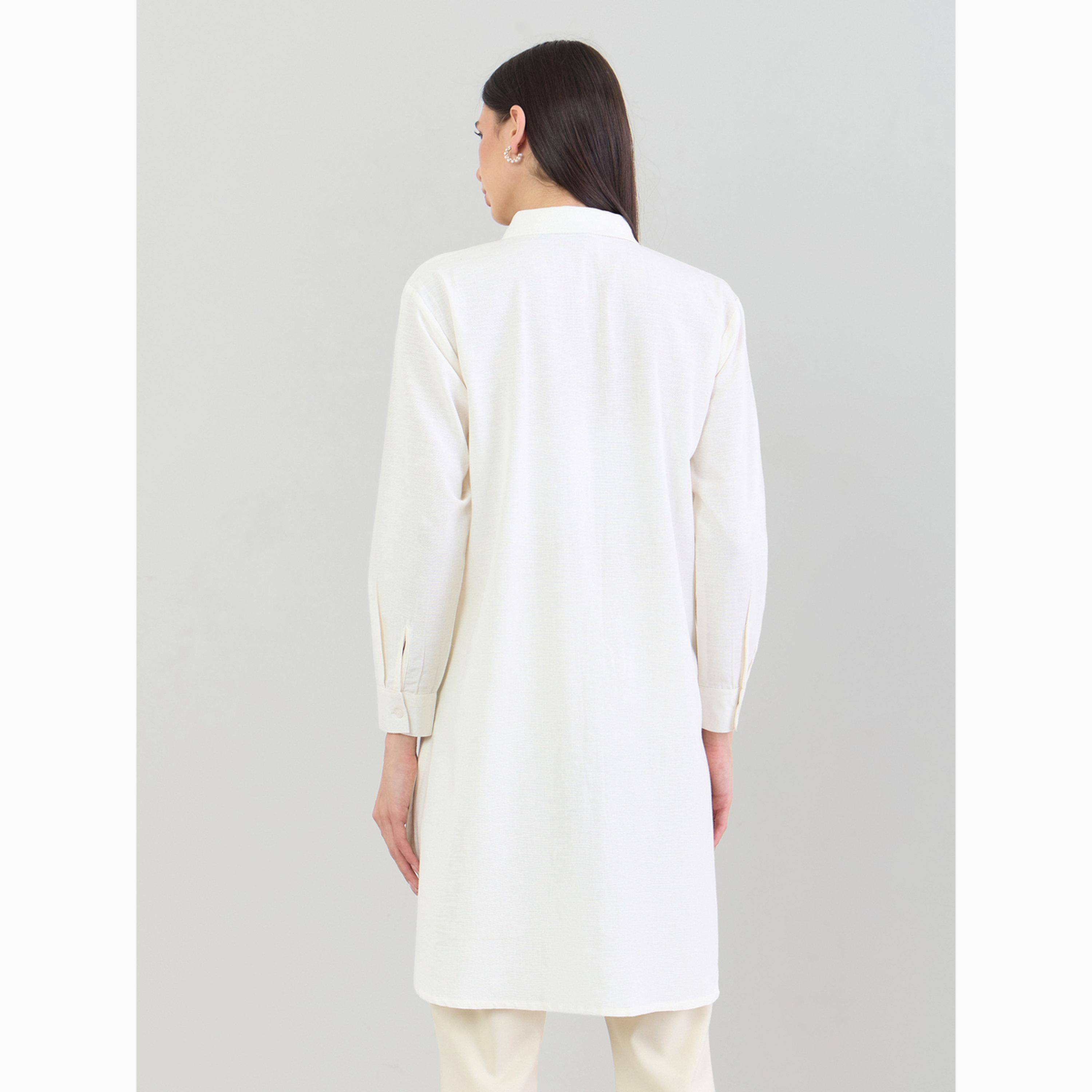 Styli Off White Solid High-Low Shirt with Concealed Placket-women-clothing-ethnicwear-kurtas-image-5