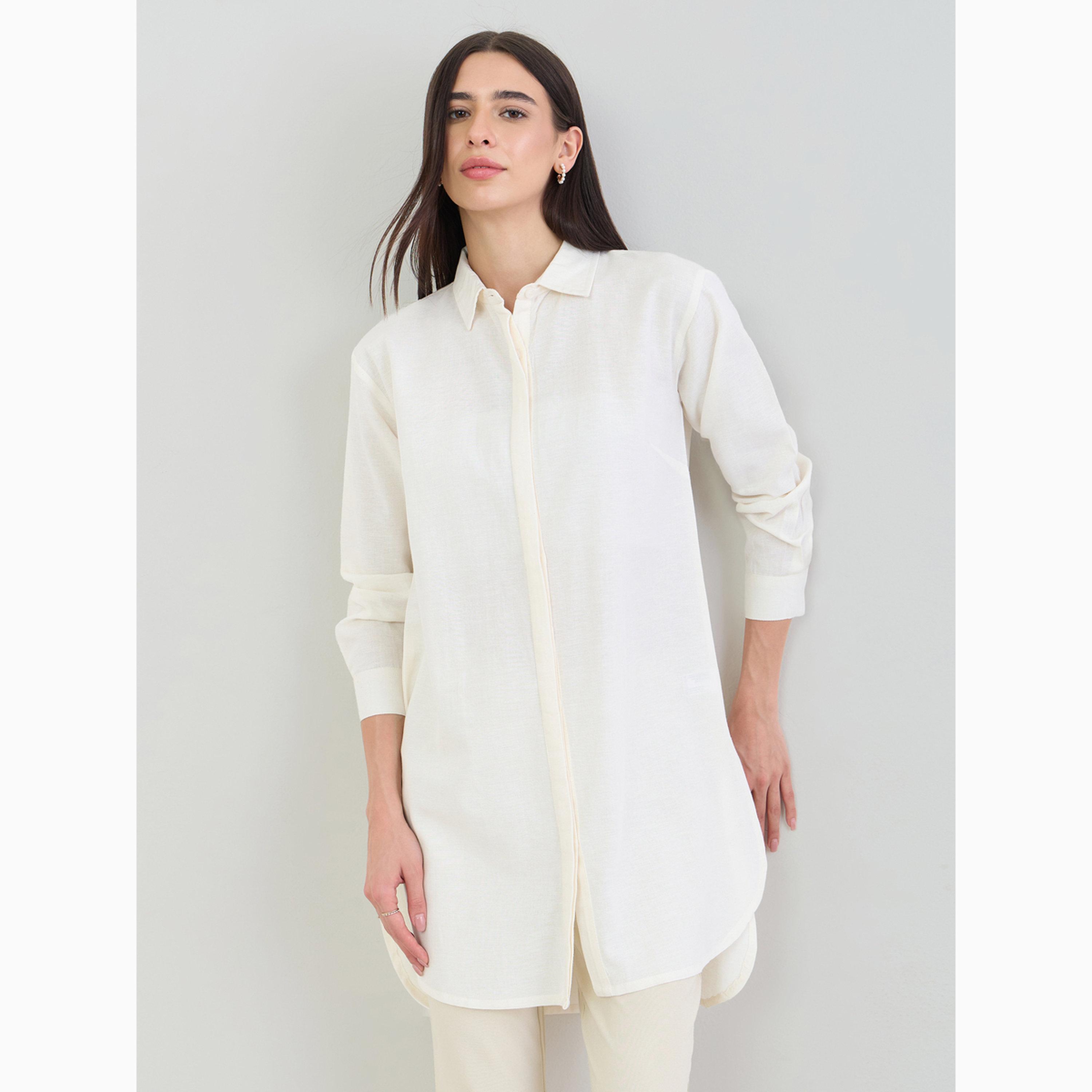 Styli Off White Solid High-Low Shirt with Concealed Placket-women-clothing-ethnicwear-kurtas-image-6