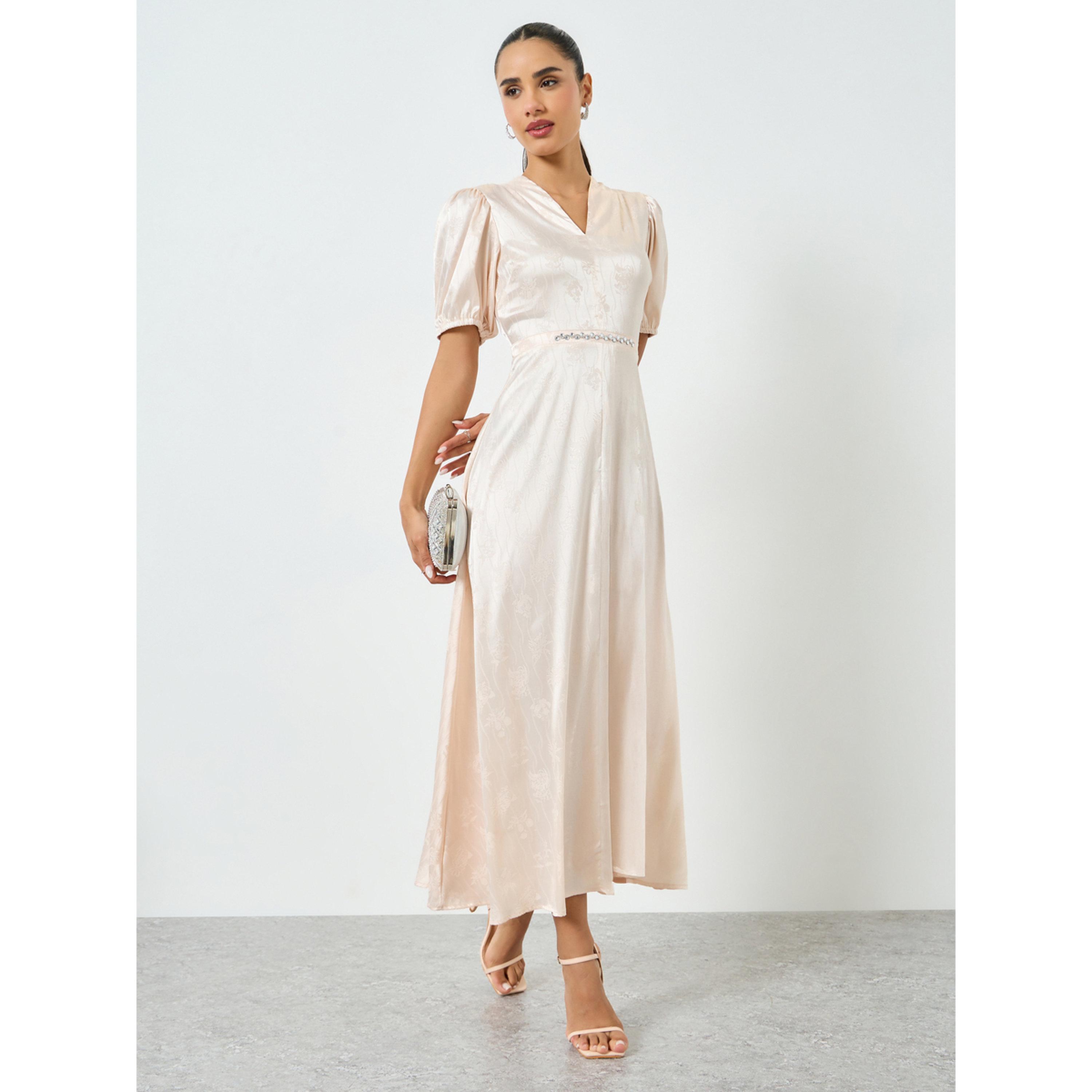 فستان طويل جاكار بخصر مرصع-women-clothing-dresses-image-1