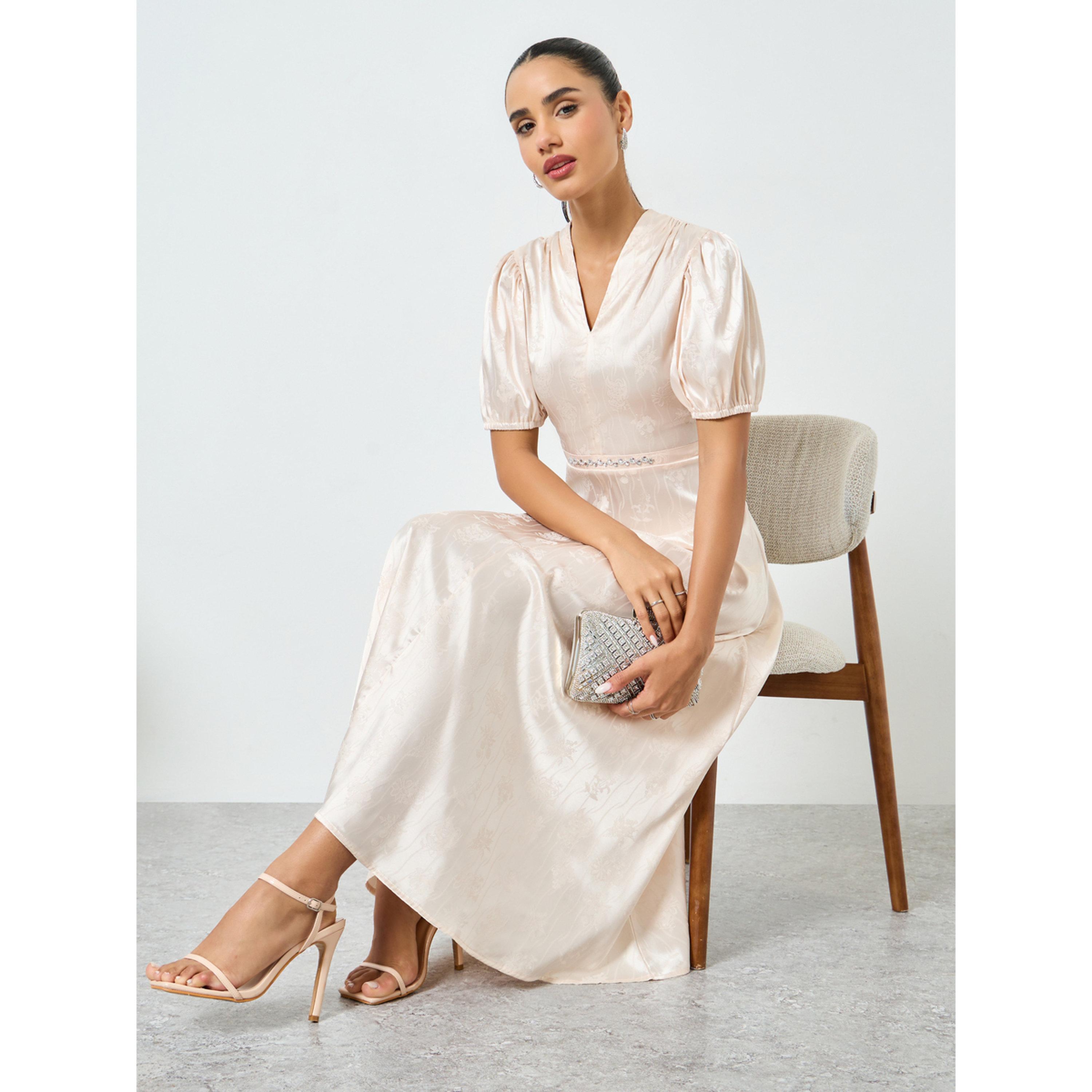 فستان طويل جاكار بخصر مرصع-women-clothing-dresses-image-2