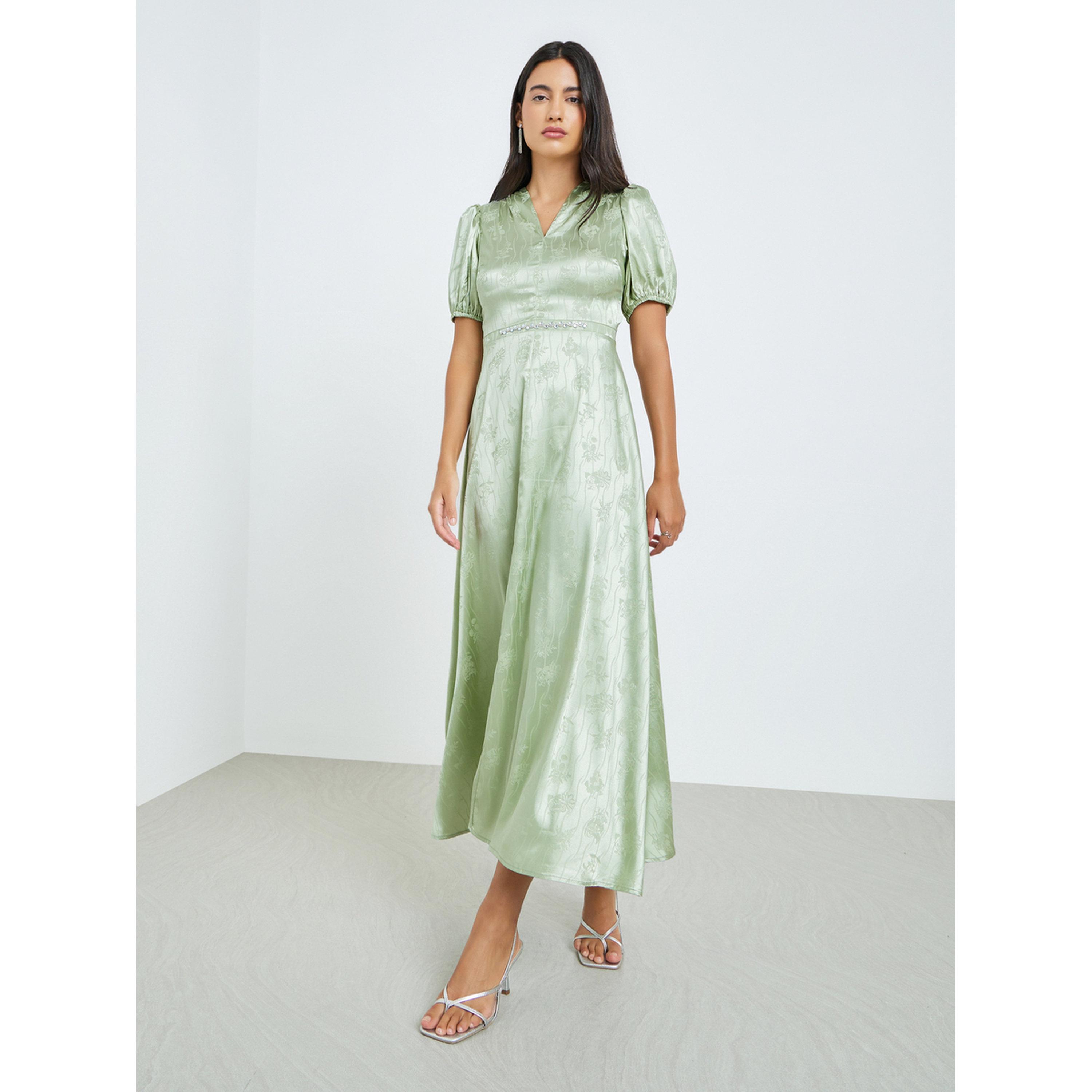 فستان طويل جاكار بخصر مرصع-women-clothing-dresses-image-1