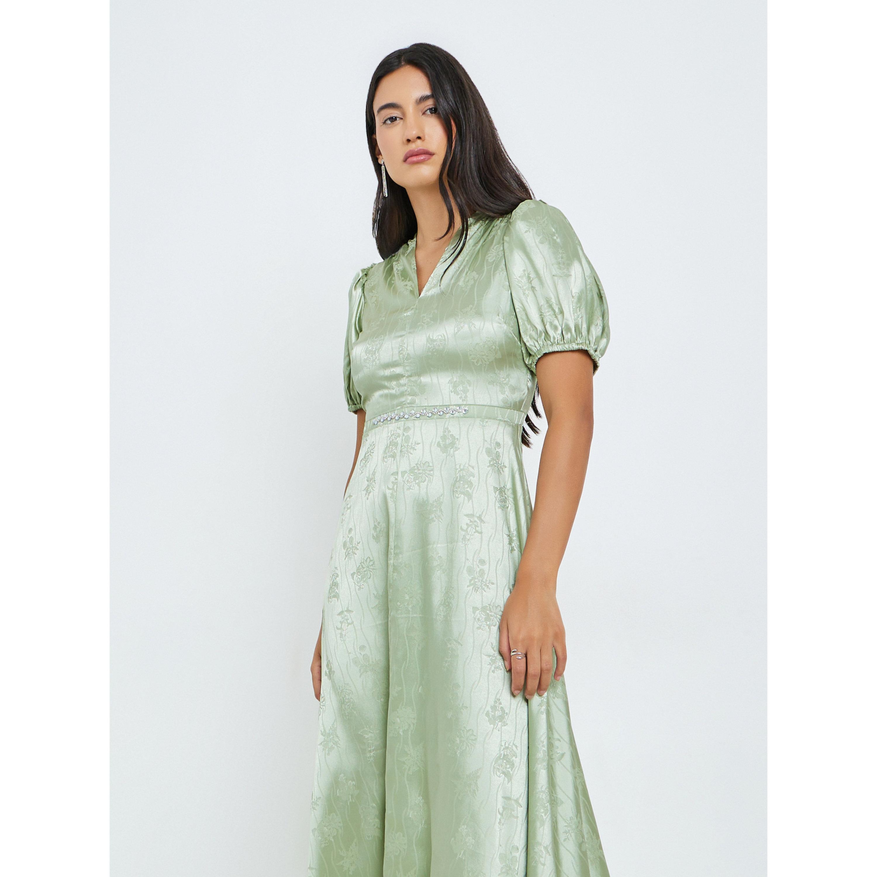 Styli Green Studded Waist Jacquard Maxi Dress-women-clothing-dresses-image-2