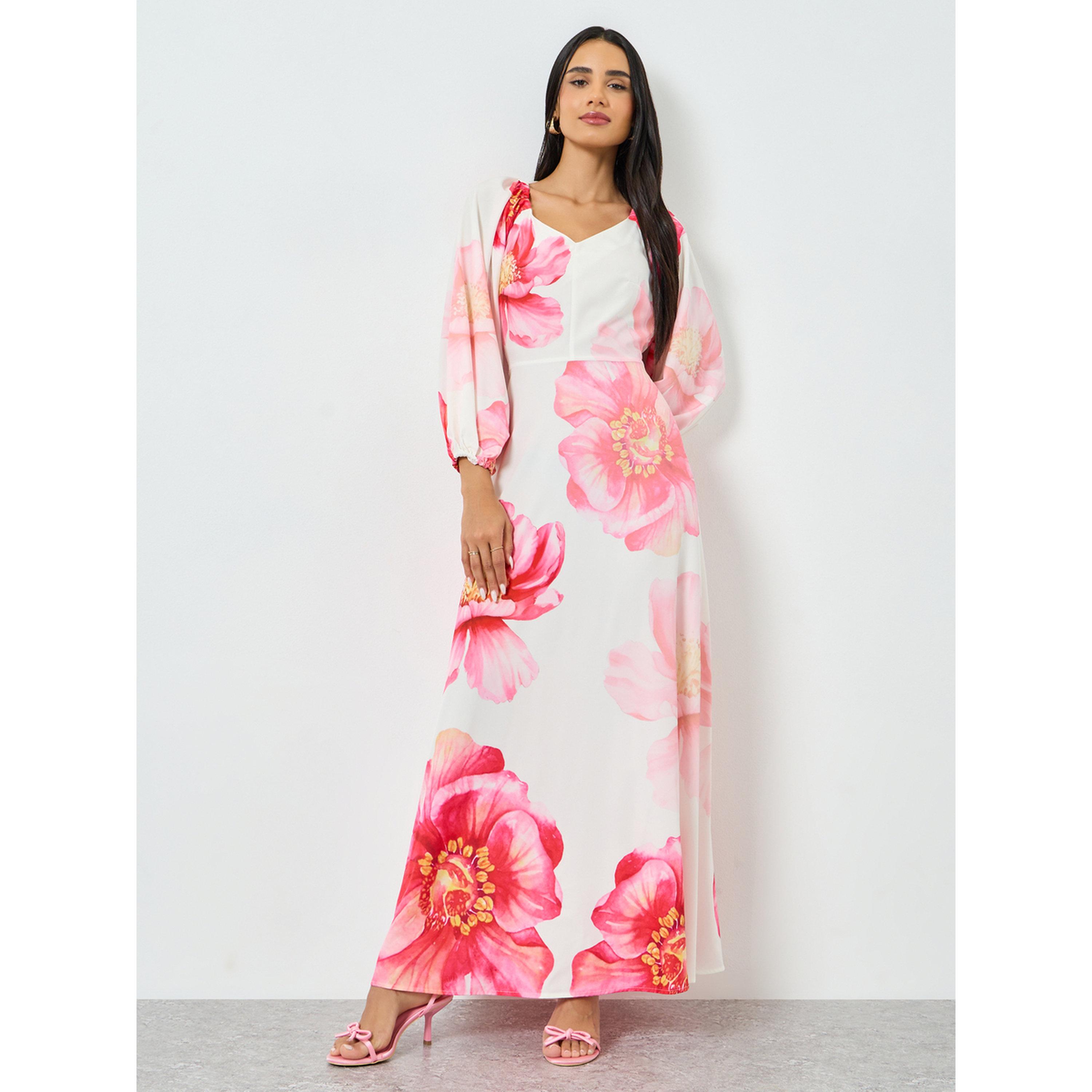 فستان طويل بنقش زهور وياقة قلب-women-clothing-dresses-image-1
