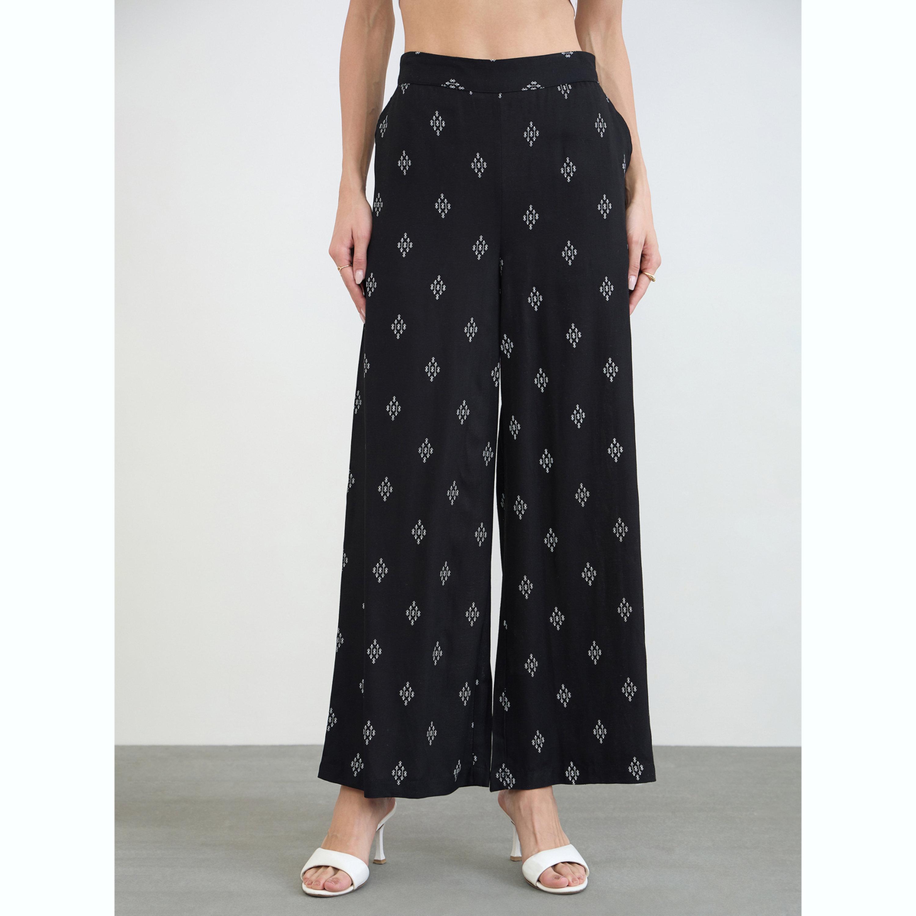 Styli Black Printed Wide Leg Pants with Side Pocket-women-clothing-ethnicwear-bottoms-palazzos-image-1