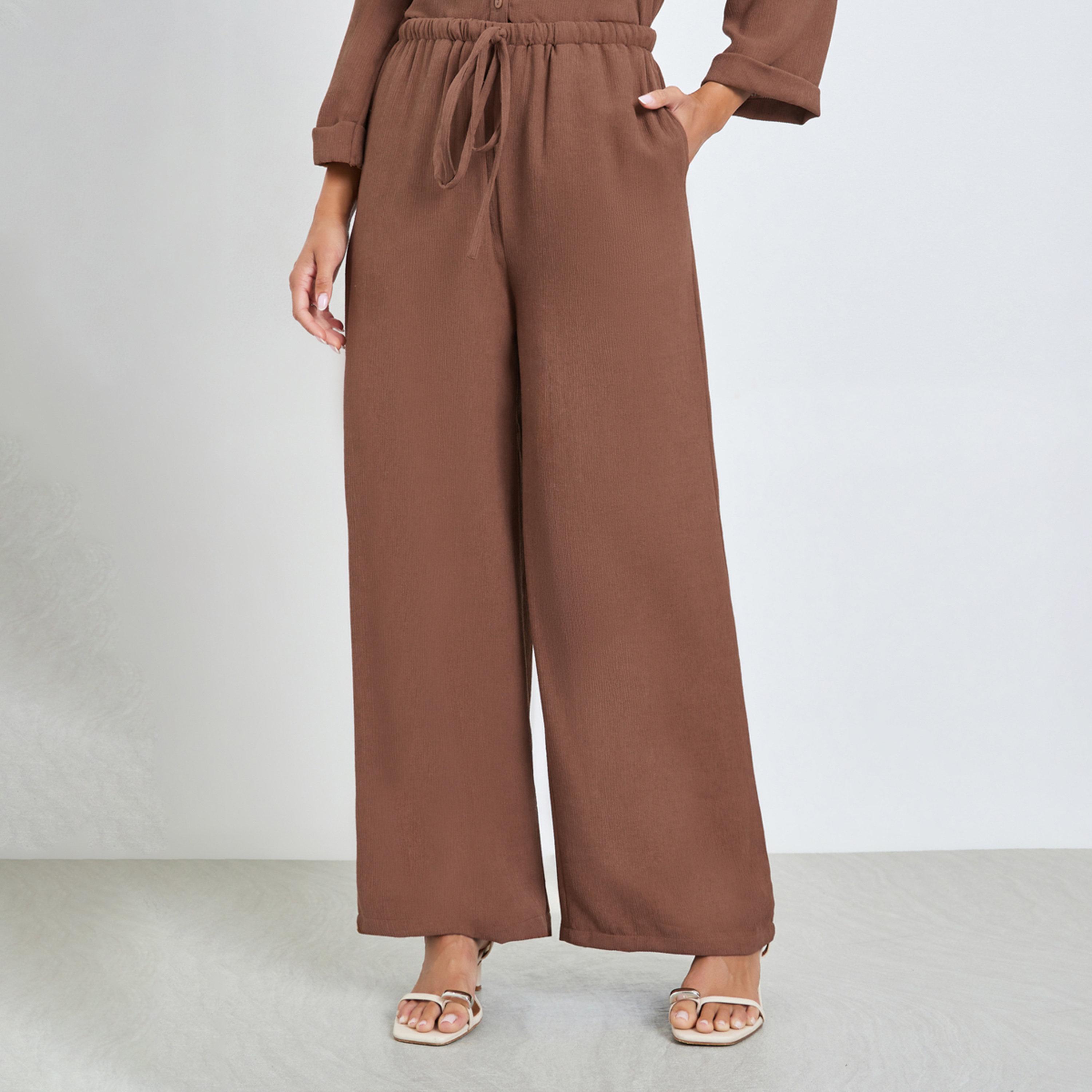 Styli Brown Crushed Textured Wide Leg Pants-women-clothing-bottoms-joggers-image-1