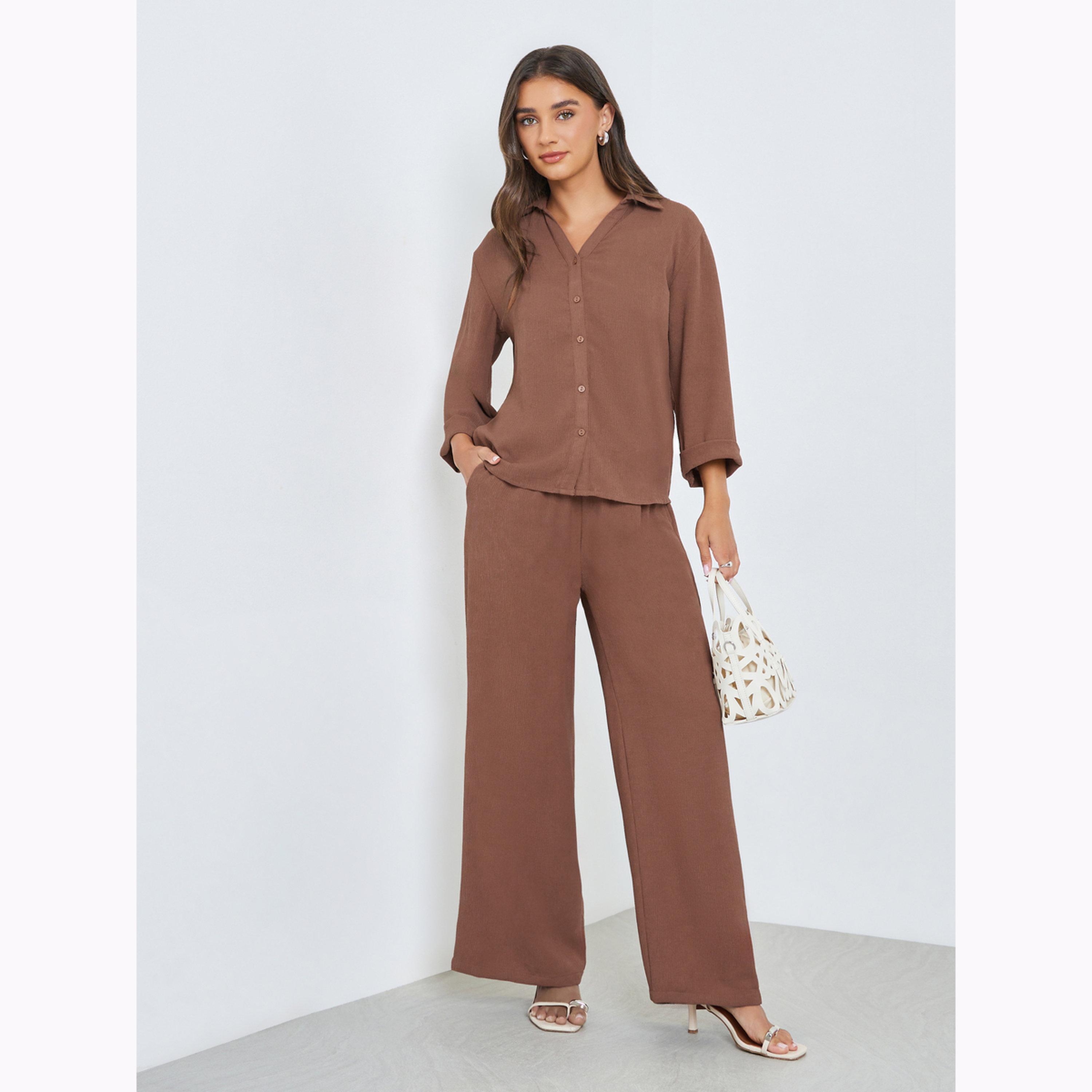 بنطال بأرجل واسعة وتفاصيل بارزة الملمس مجعدة لون بني-women-clothing-bottoms-joggers-image-2