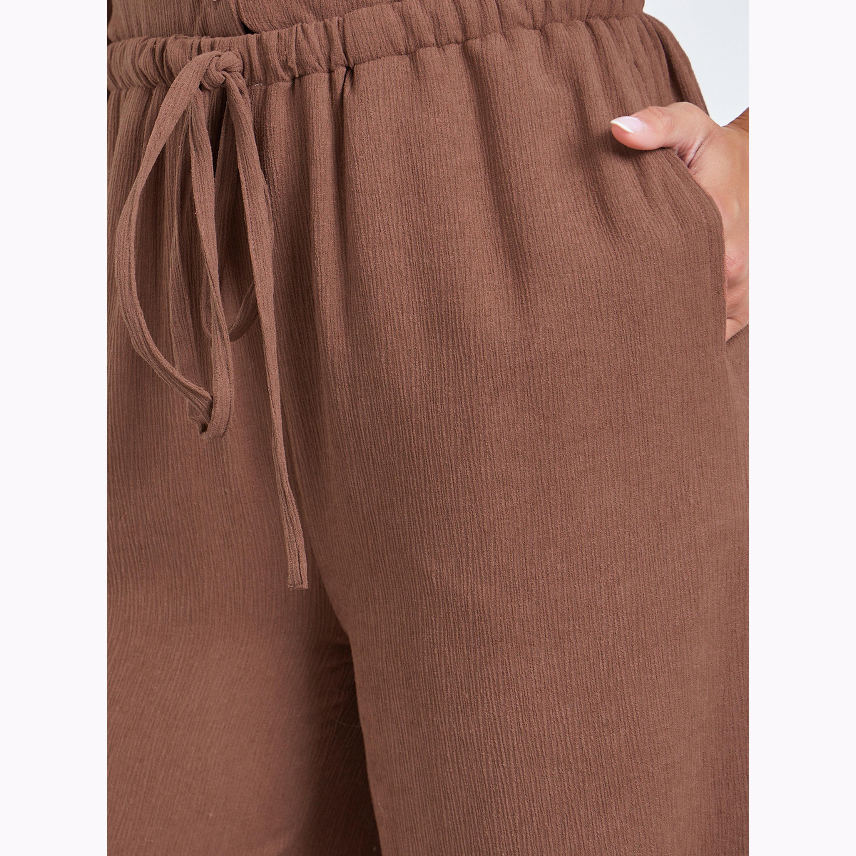 Styli Brown Crushed Textured Wide Leg Pants-women-clothing-bottoms-joggers-image-3