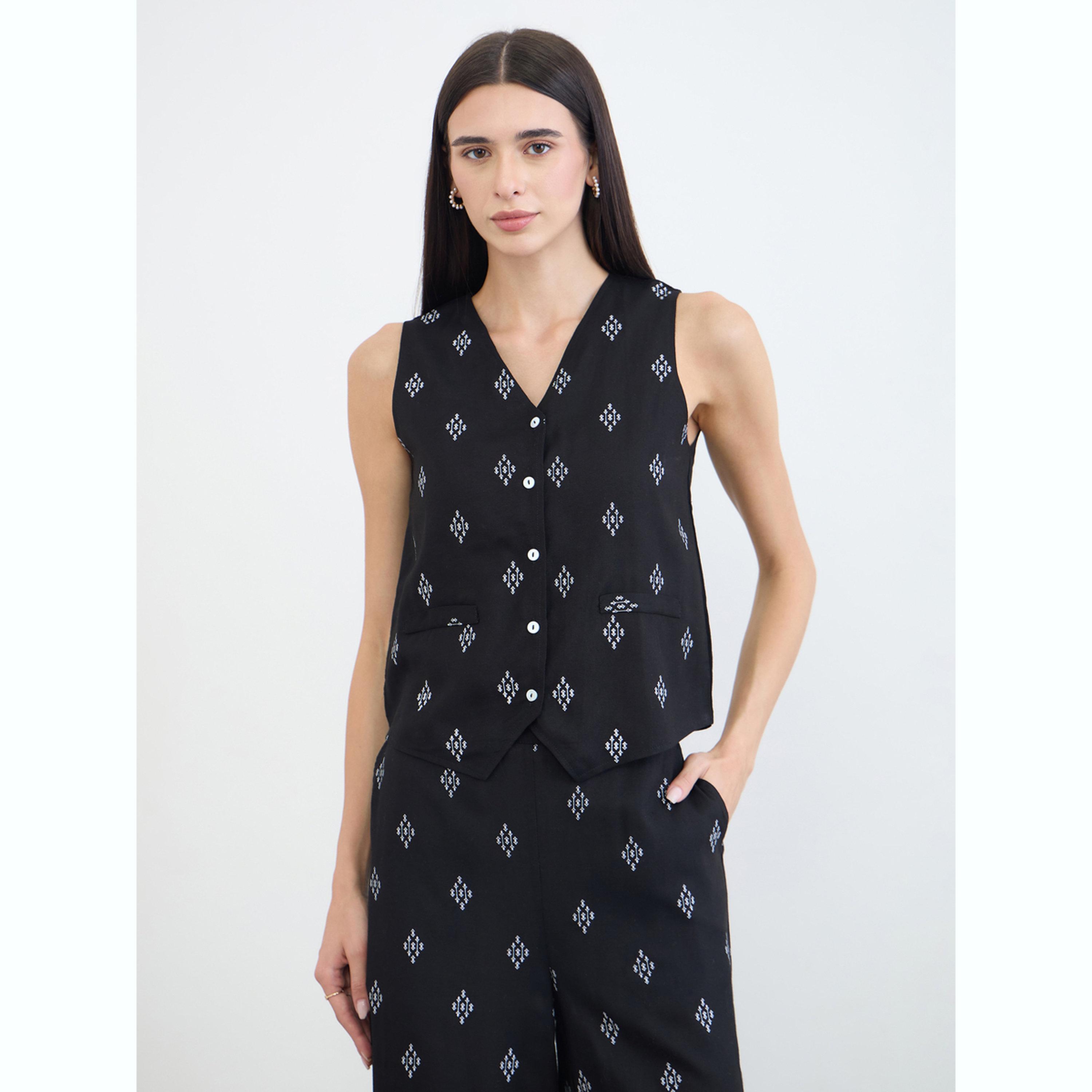 Styli Black Sleeveless Printed Waistcoat-women-clothing-shirtsandblouses-blouses-image-1