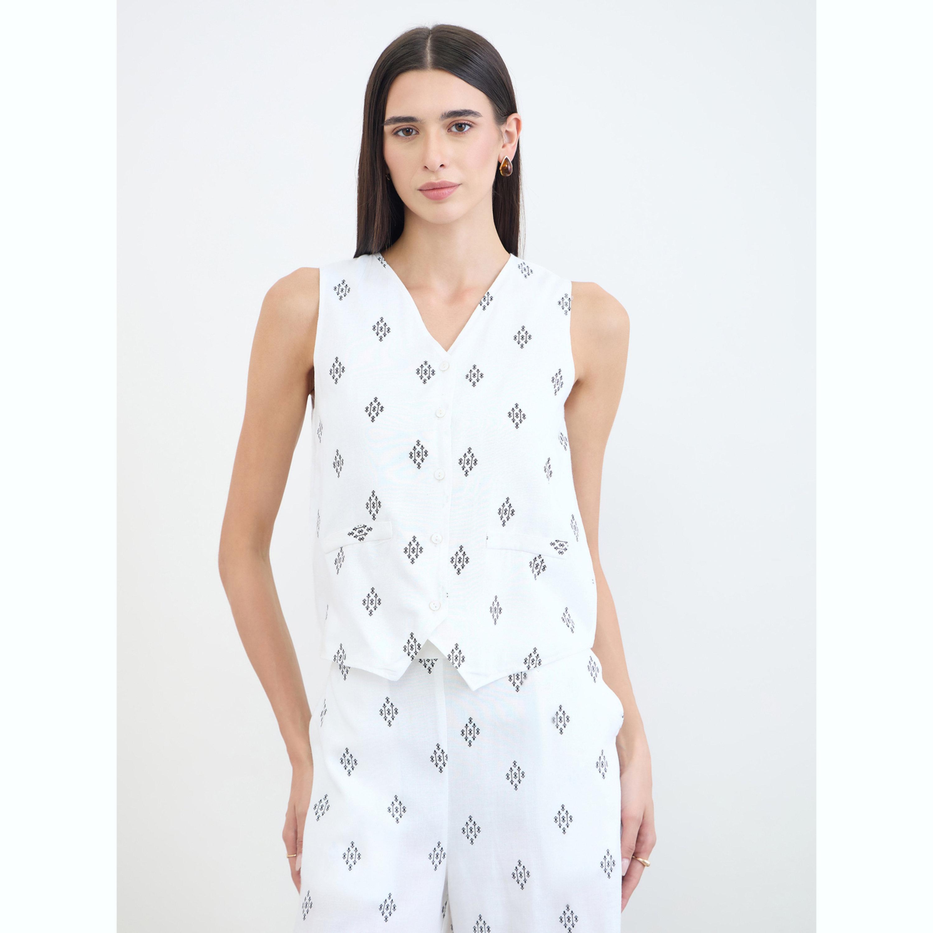 Styli White Sleeveless Printed Waistcoat-women-clothing-shirtsandblouses-blouses-image-1