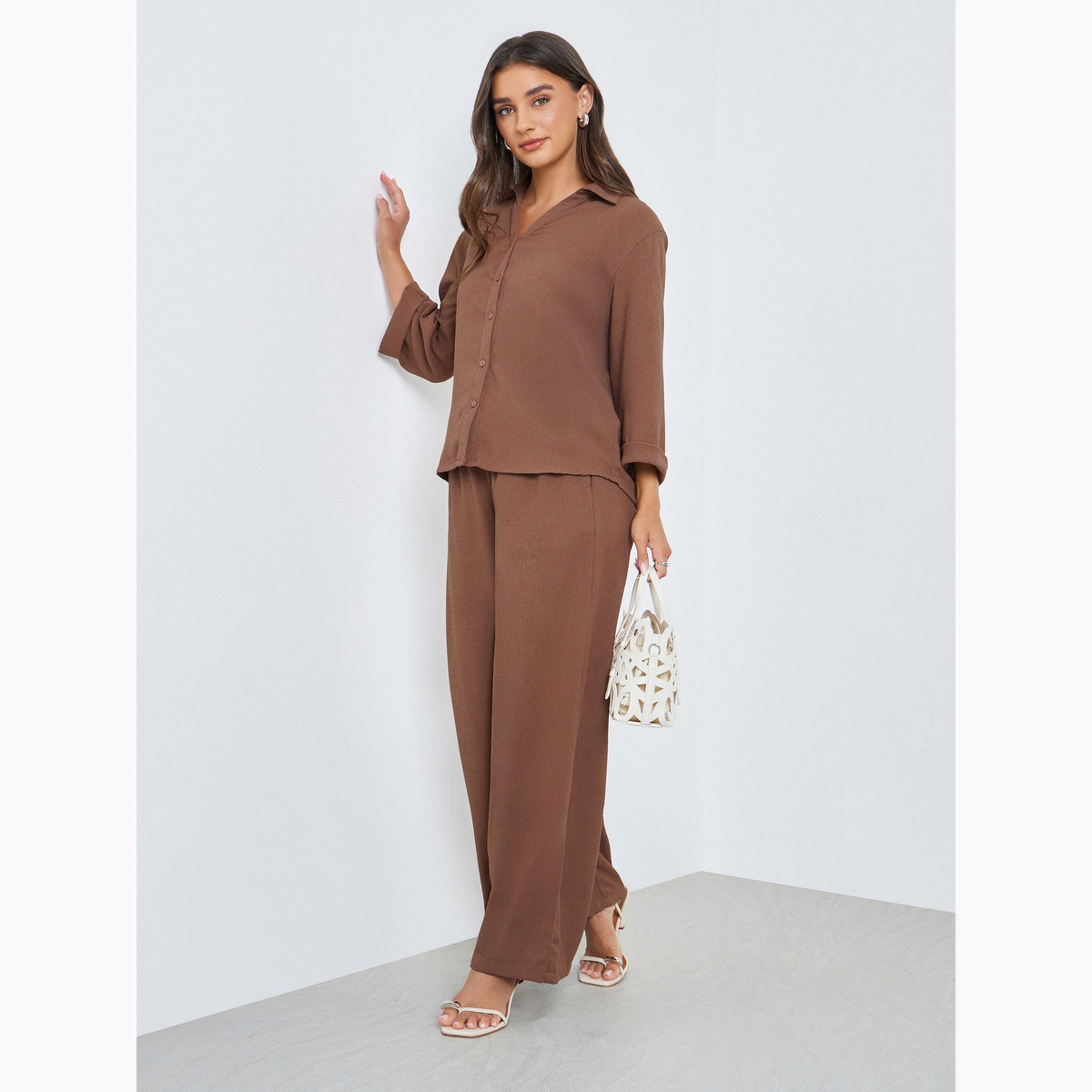 Styli Brown Textured 3/4 Sleeve Shirt with Folded Cuffs-women-clothing-shirtsandblouses-shirts-image-2