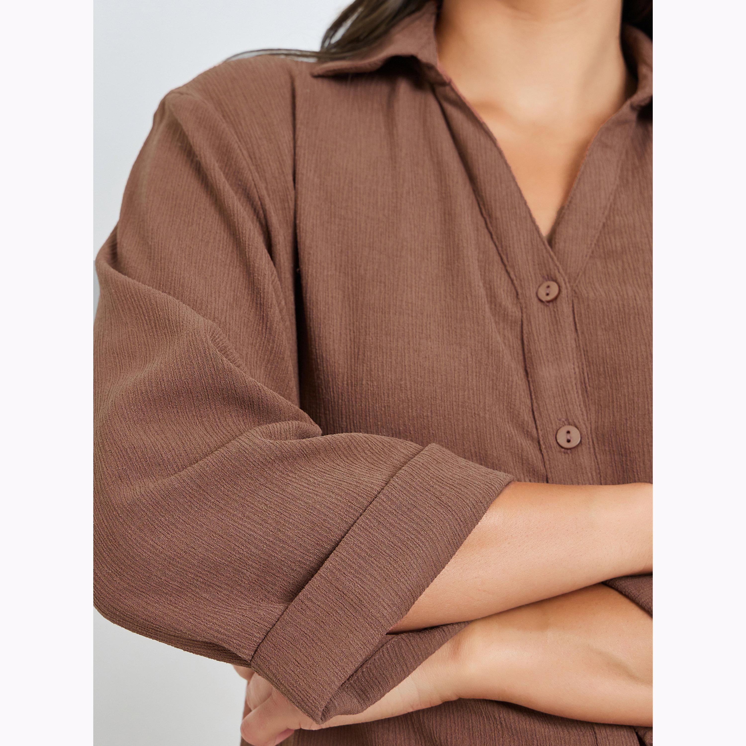 Styli Brown Textured 3/4 Sleeve Shirt with Folded Cuffs-women-clothing-shirtsandblouses-shirts-image-5