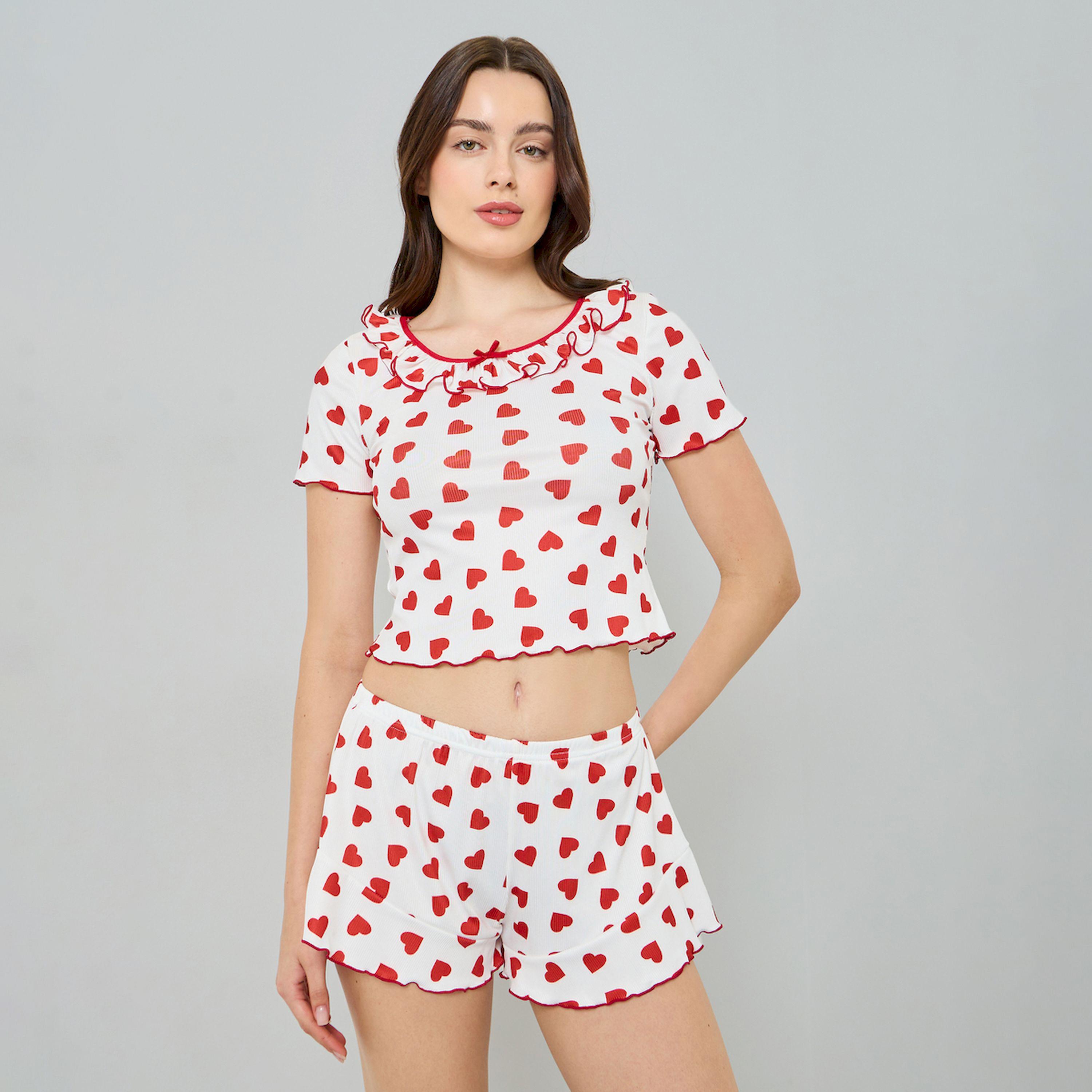 Styli Heart Printed Crop T-Shirt and Shorts Pyjama Set-women-clothing-nightwear-pyjamas-shortsets-image-1