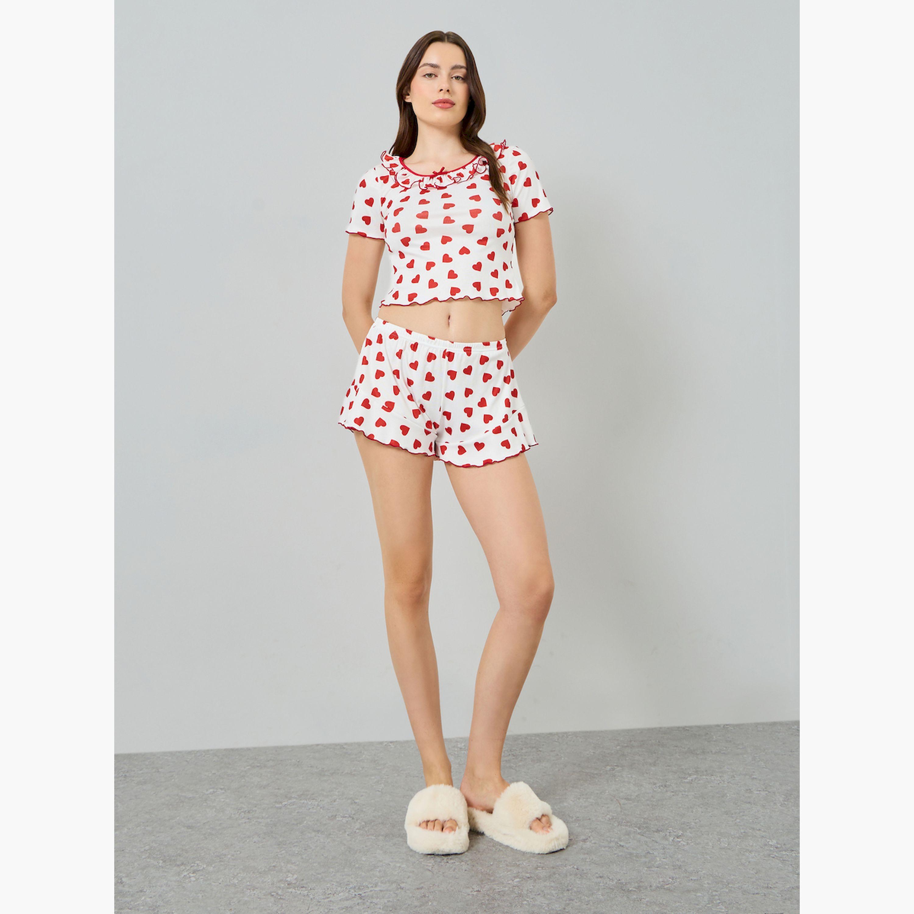 Styli Heart Printed Crop T-Shirt and Shorts Pyjama Set-women-clothing-nightwear-pyjamas-shortsets-image-2